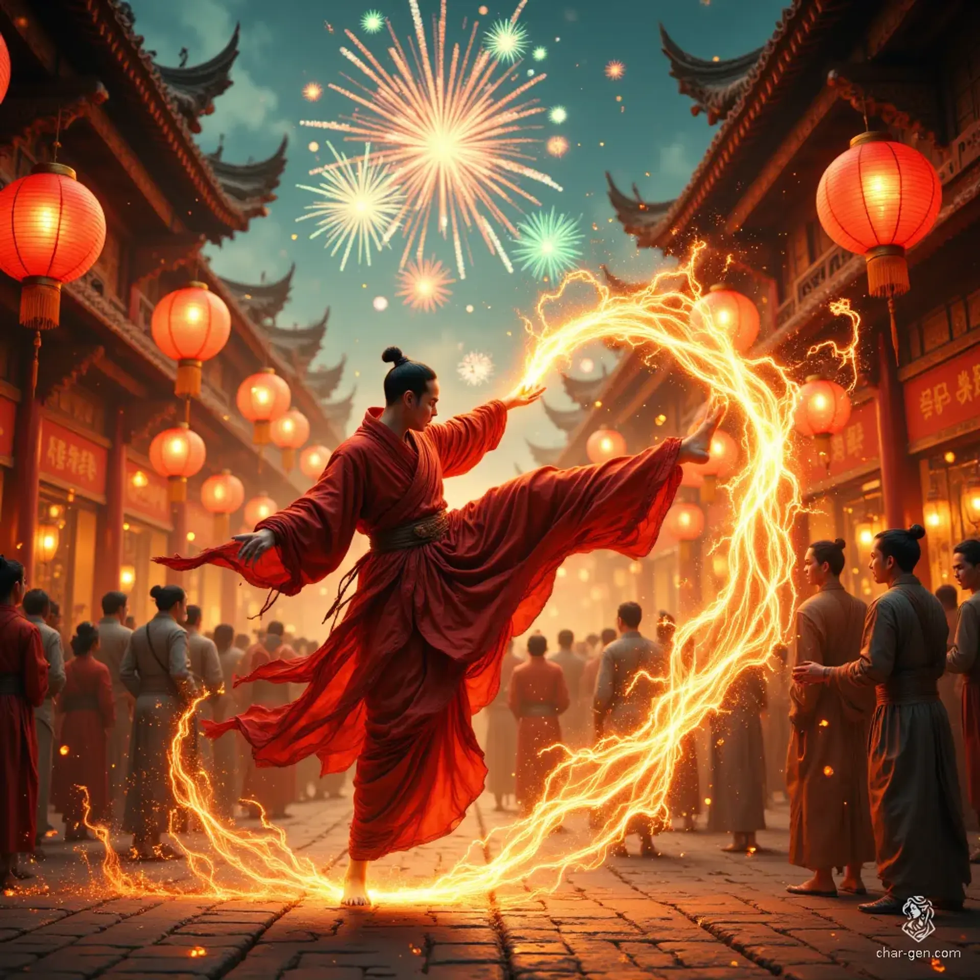 A serene male monk in his thirties, with light skin and hair tied in a bun, embodies martial mastery. With a fluid posture, he executes a high kick, unleashing a dazzling magic from his foot, a fusion of discipline and mystical energy.