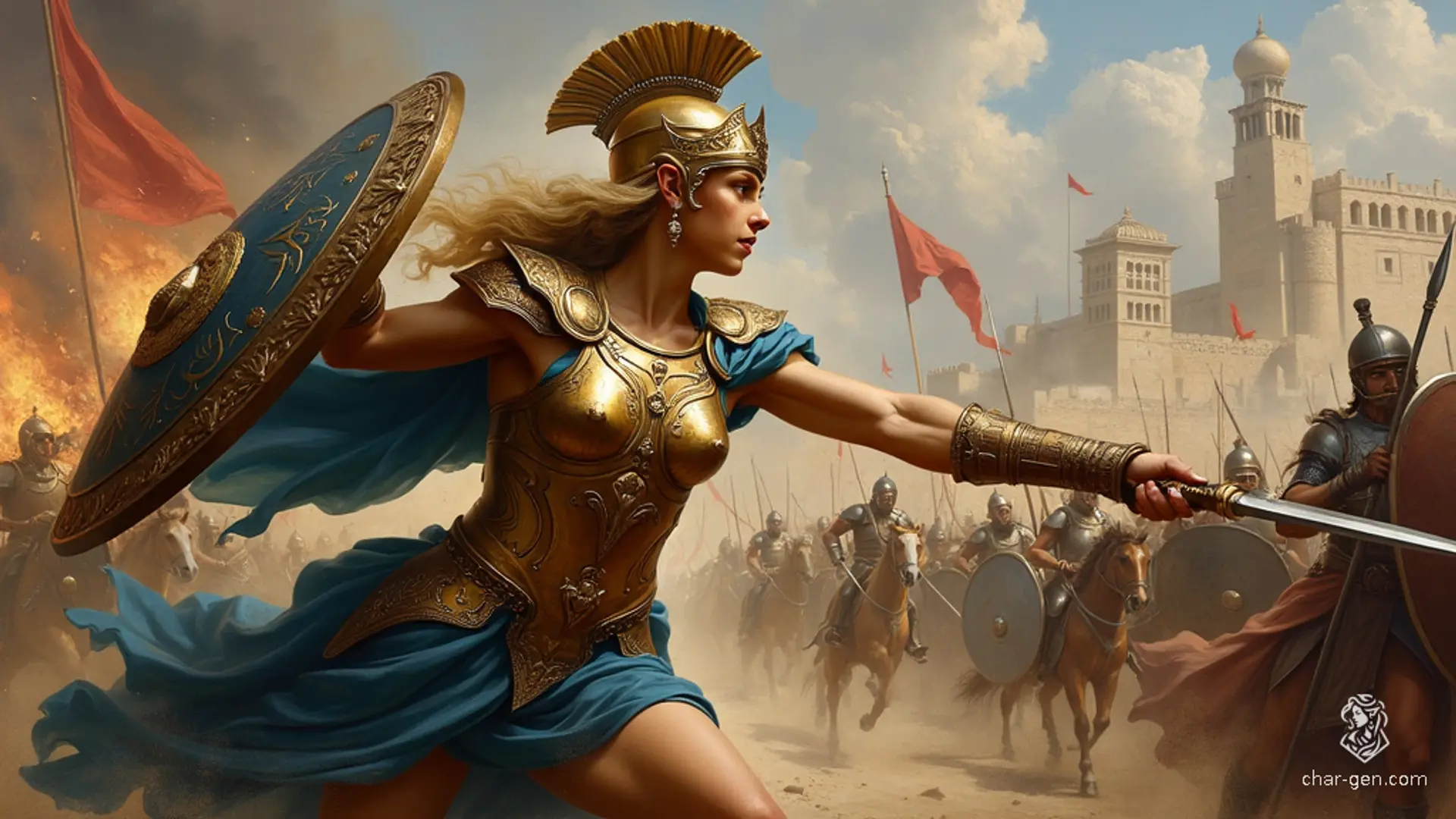 Athena is a tall, athletic elven wizard with a warrior's braid of dark blonde hair. Clad in gleaming bronze armor inscribed with wisdom and battle symbols, she charges forward, spear in hand, and shield raised. Her helmet, adorned with a golden plume, complements her flowing blue cloak, fastened with an owl-shaped brooch. She wields a magical tome, her focus unwavering.