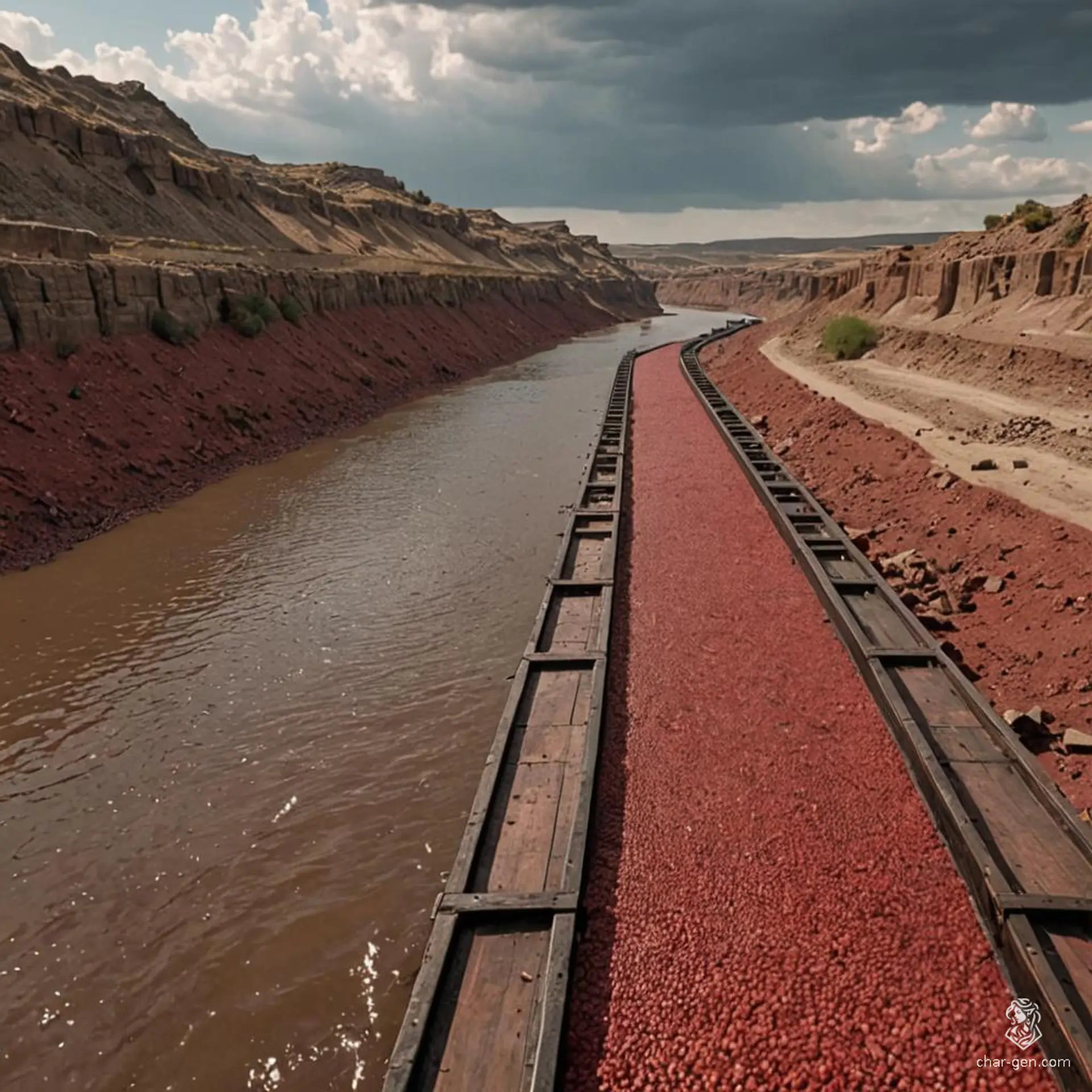 Drifting along the River Styx, the barren banks reveal cracked earth and lifeless stone, while a deep crimson sky rains meteors like fiery tears. The dark, toxic waters swirl ominously, reflecting the hellish landscape, an eerie testament to the desolation of Avernus.