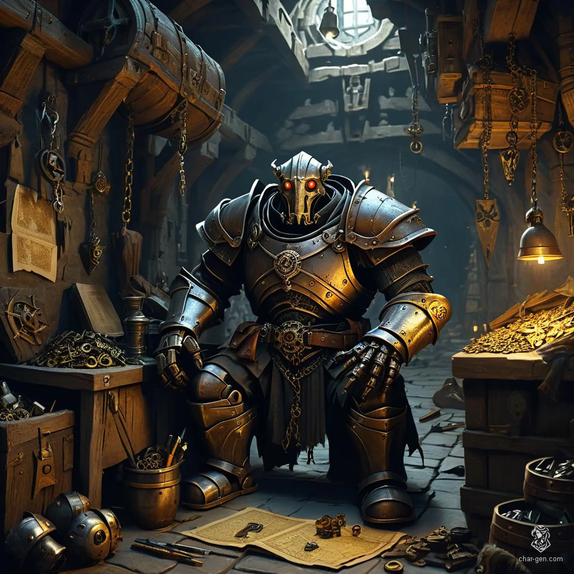 A warforged is a medieval fantasy automaton crafted from wood and metal, animated by intricate gears, pulleys, and a touch of magic. Combining mechanical precision with enchantment, it serves as a formidable guardian or warrior.