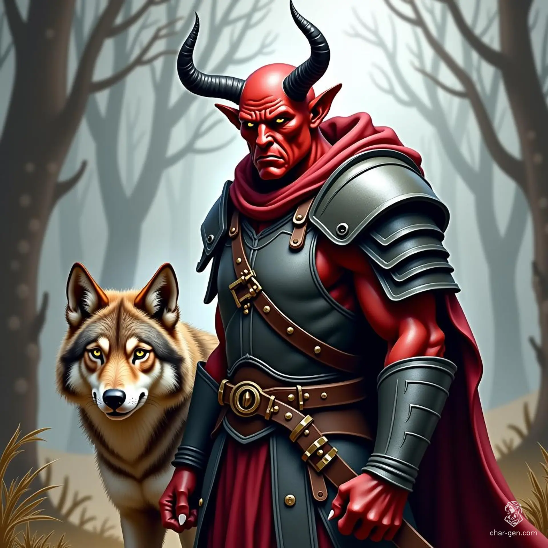 Kaelin, the fierce Tiefling ranger, strides through the forest with her fiery red skin and short devilish horns gleaming. Clad in scale armor, she wields her bow with deadly precision, guided by her loyal wolf companion, fierce and unwavering in their quest for justice.
