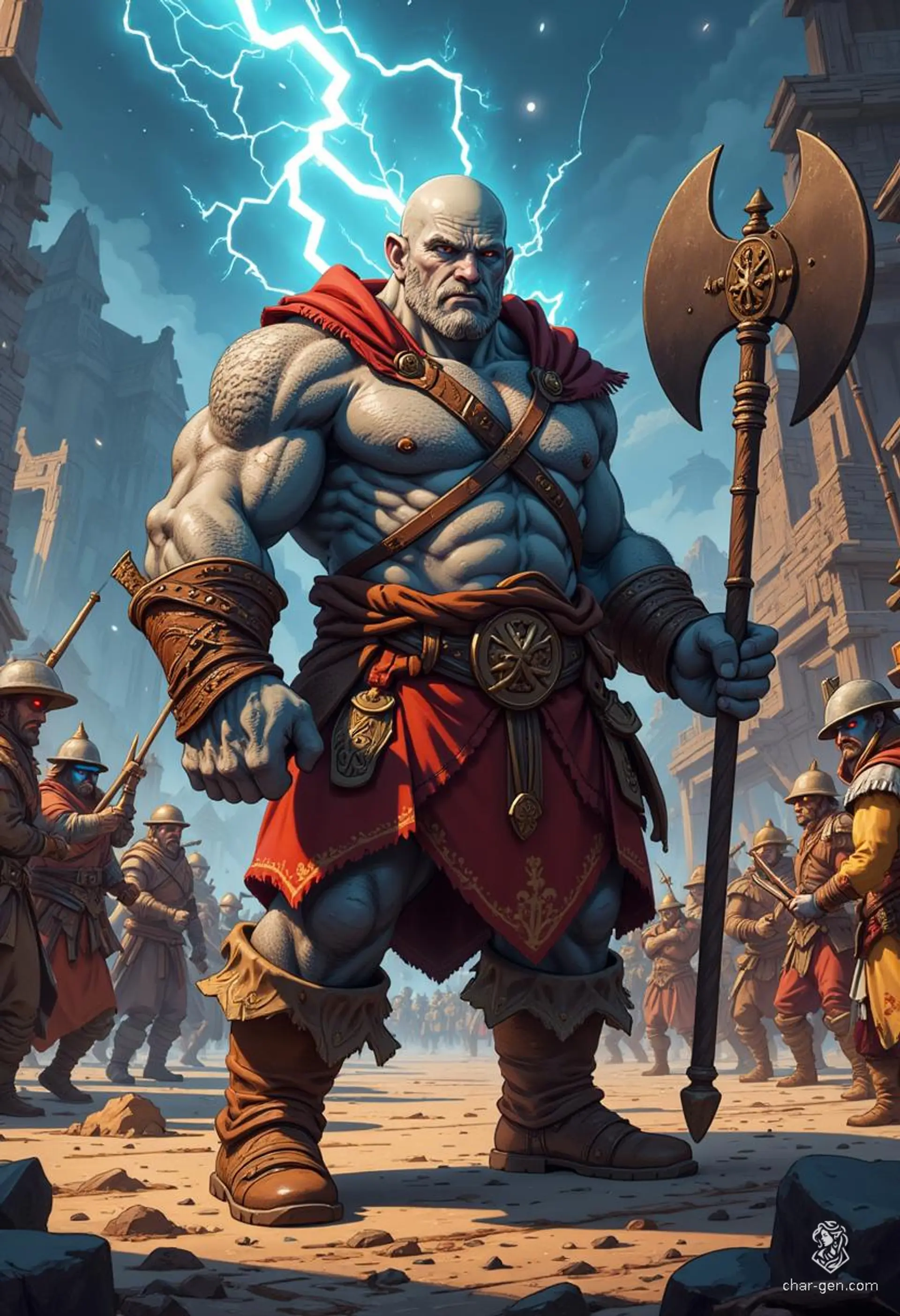 Grog Strongjaw is an 8'7" half-giant goliath barbarian with rugged gray skin and an enormous build. Exiled for sparing a gnome, he wields a great axe and embodies strength over intellect, reveling in tavern brawls and hearty ale alongside newfound friends.