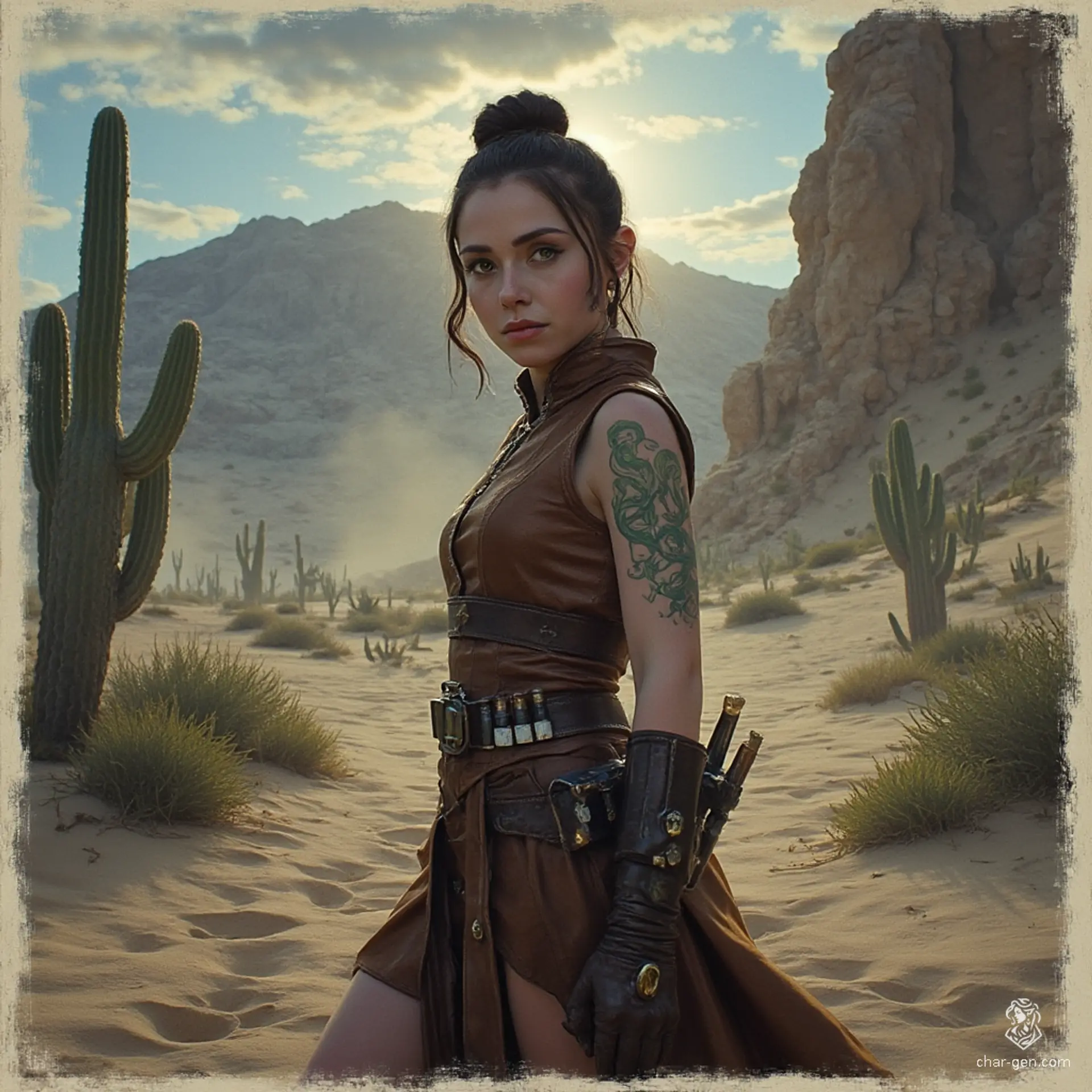 Izzy, a newly emancipated halfling assassin, embodies lethal elegance. Standing at 1.5 meters with bright yellow-green eyes, she dons a snug brown leather tunic, showcasing her green snake-scale tattoos. Agile and stealthy, Izzy expertly wields her crossbow and concealed daggers, prowling the shadows with a seductive, dangerous charm.