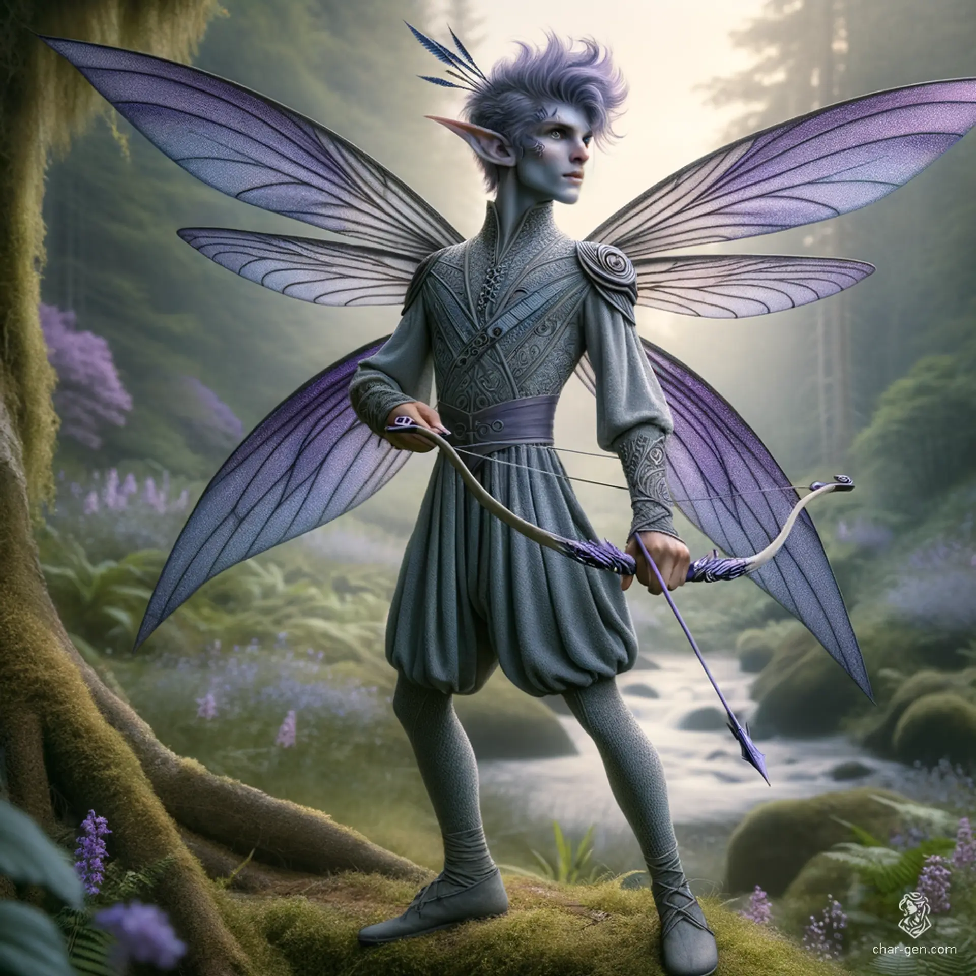 A pale blue-skinned male fairy, standing at 2'4", with spiked purple hair, angular masculine features, pointed ears, and luminescent purple eyes. He sports shimmering dragonfly wings and wears intricately detailed leather armor over a grey tunic and tights. His strong grip holds a shortsword; a purple portal symbol adorns his pauldron. He is a keen-eyed ranger, far traveler, and wise guardian of his people.

