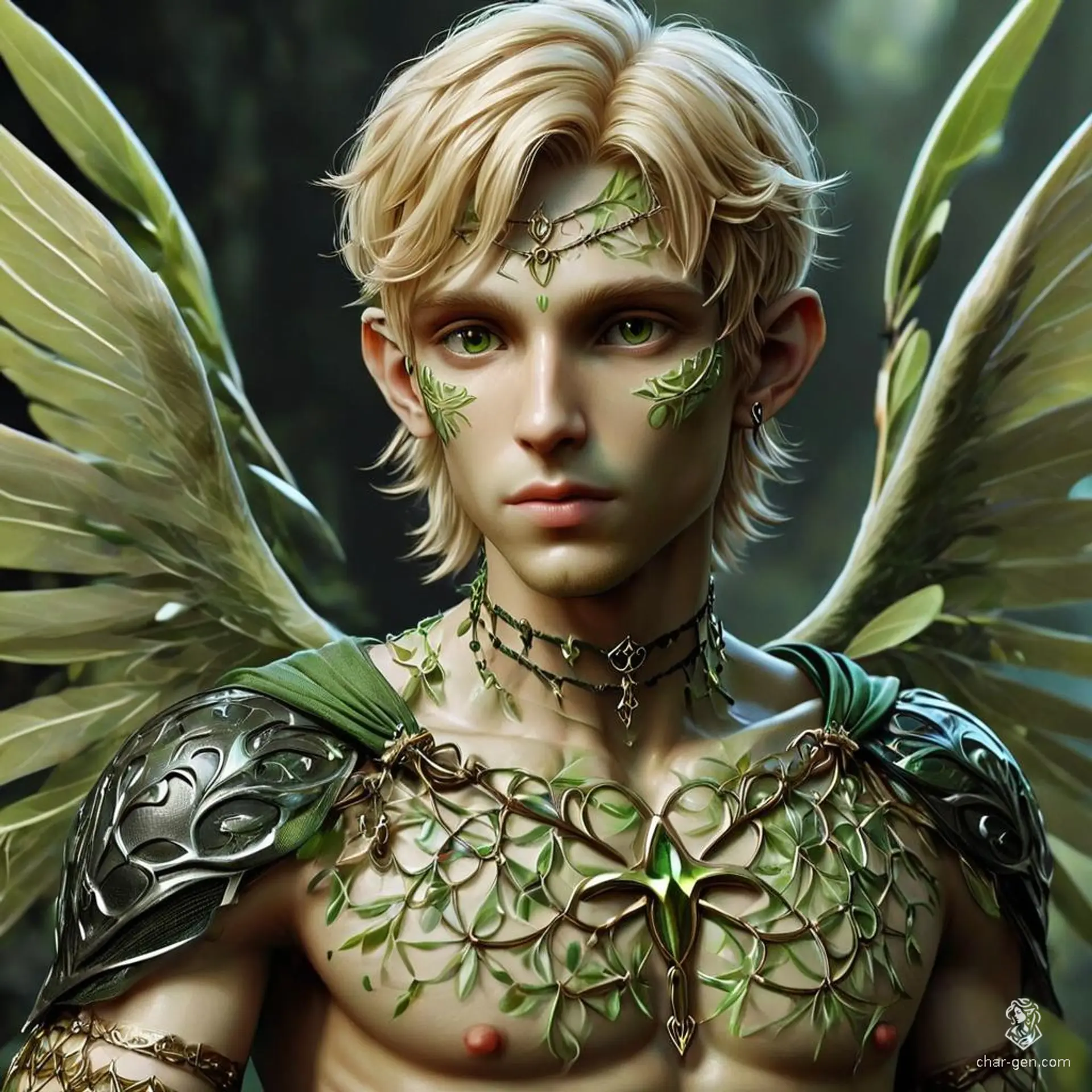 An ethereal, olive-skinned male cleric with translucent wings and elfin features. He tends to the sick among herbs and potions, sporting blonde hair, emerald eyes, and chain mail. His serene demeanor and prominent holy symbol highlight his healing prowess.