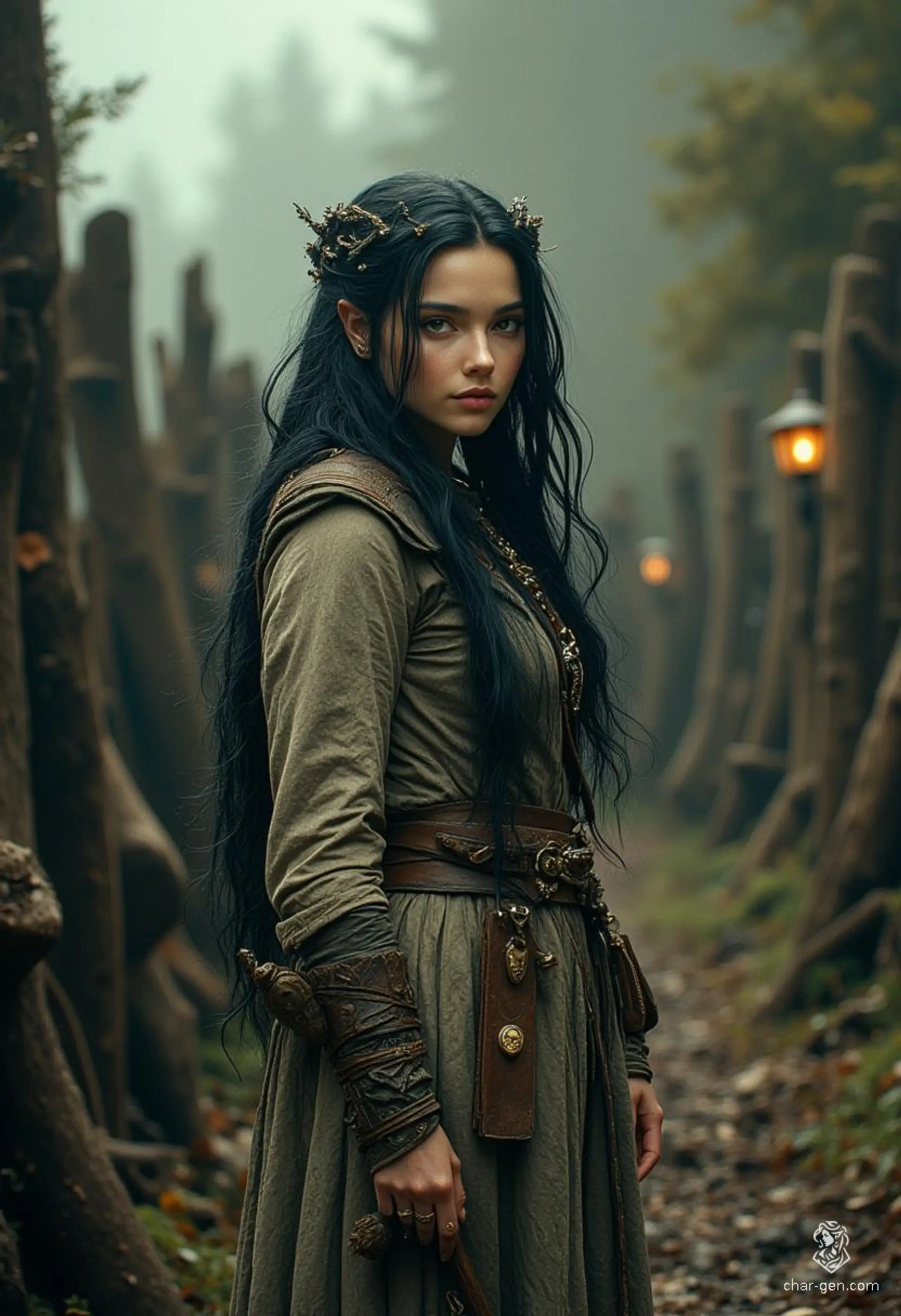 Vex'ahlia, a nimble half-elf ranger, navigates the shadows of the woods with unmatched agility. Abandoned and misunderstood, she finds solace in nature and companionship with a bear. At 21, with jet-black hair and keen brown eyes, she thrives as a skilled hunter, embracing her outlander spirit.