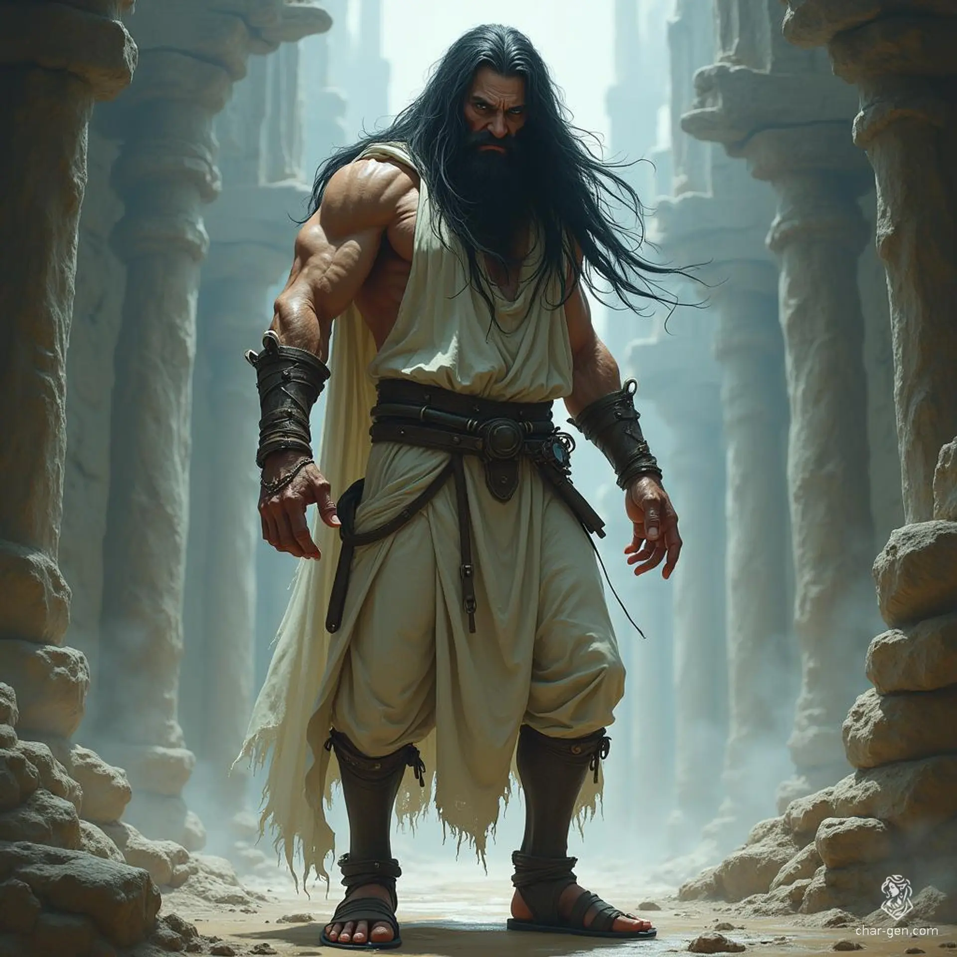 A tall, ragged prisoner with long black hair and an angry visage, he embodies a forgotten hero's anguish. Clad in weathered leather sandals, his ethereal presence shimmers against a celestial backdrop, hinting at the magic and epic battles that shaped his fate in this painterly, dreamy realm.