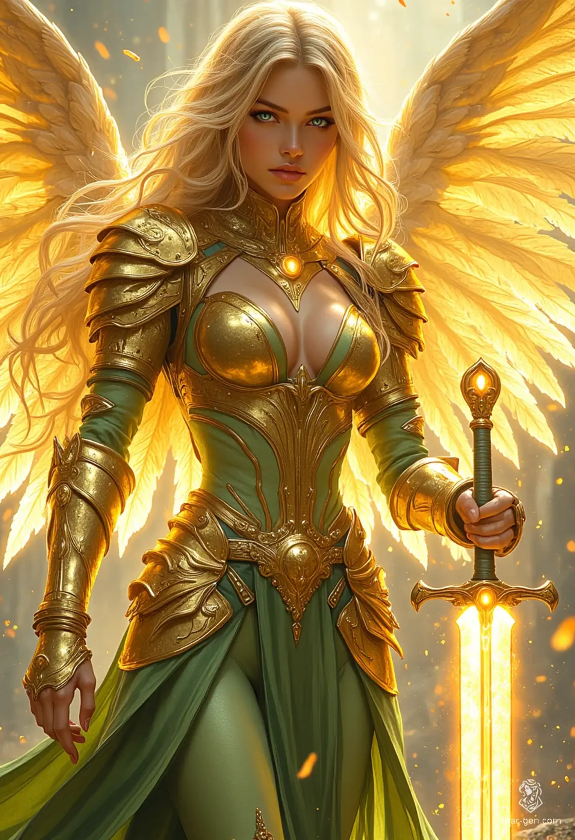 A fierce and seductive angel paladin, she embodies strength and beauty in vibrant, detailed comic book style. Clad in golden armor adorned with green accents, her athletic form glows with divine energy, while her flowing golden hair and radiant aura captivate all who behold her as she takes flight in battle, wielding a glowing sword.