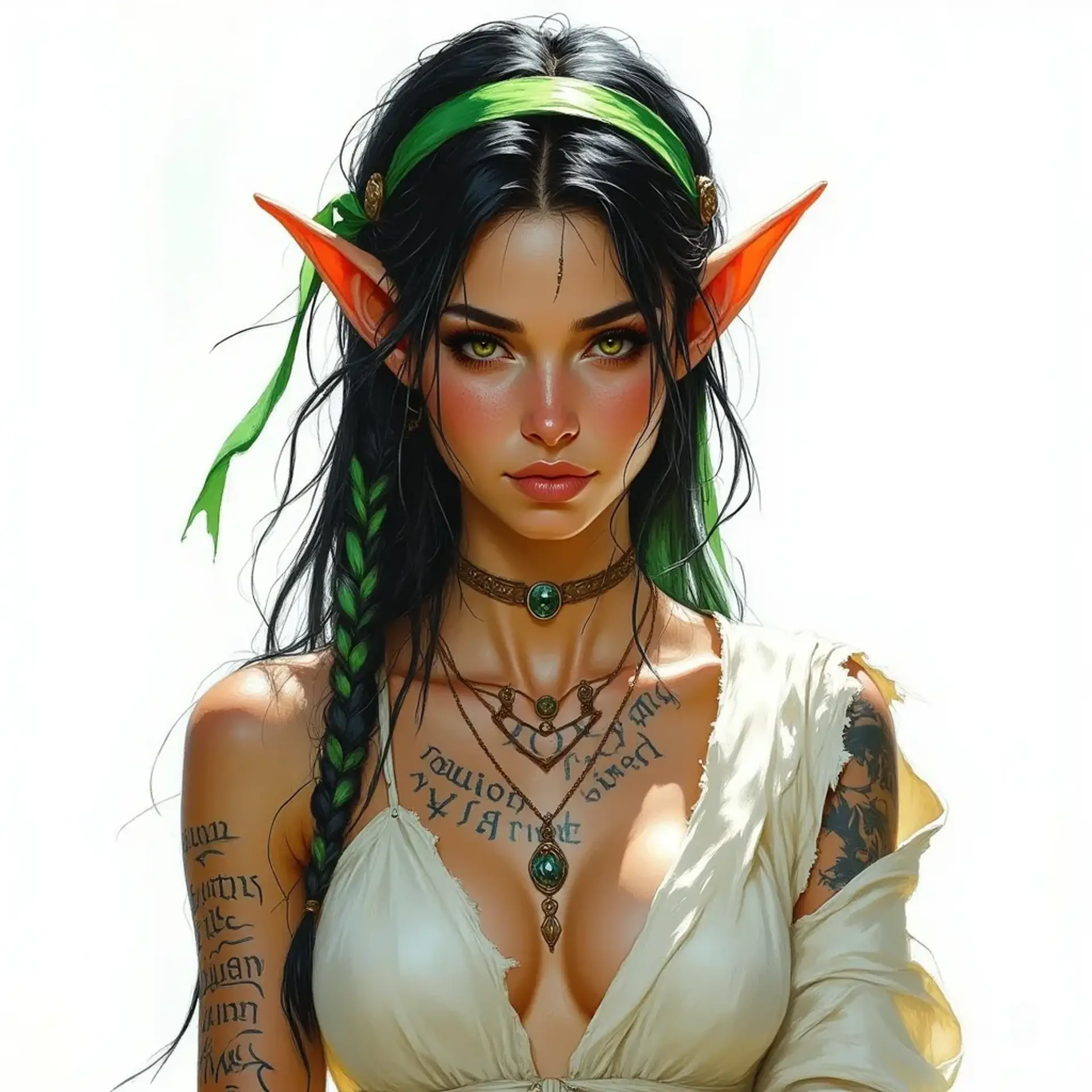Meet Elara, a captivating middle-aged elf with pale skin and striking inky black hair adorned with a vibrant green ribbon. Her frayed white tunic and intricate body tattoos tell tales of ancient wisdom. Despite her beauty, her tired expression hints at a life burdened by unspoken stories.