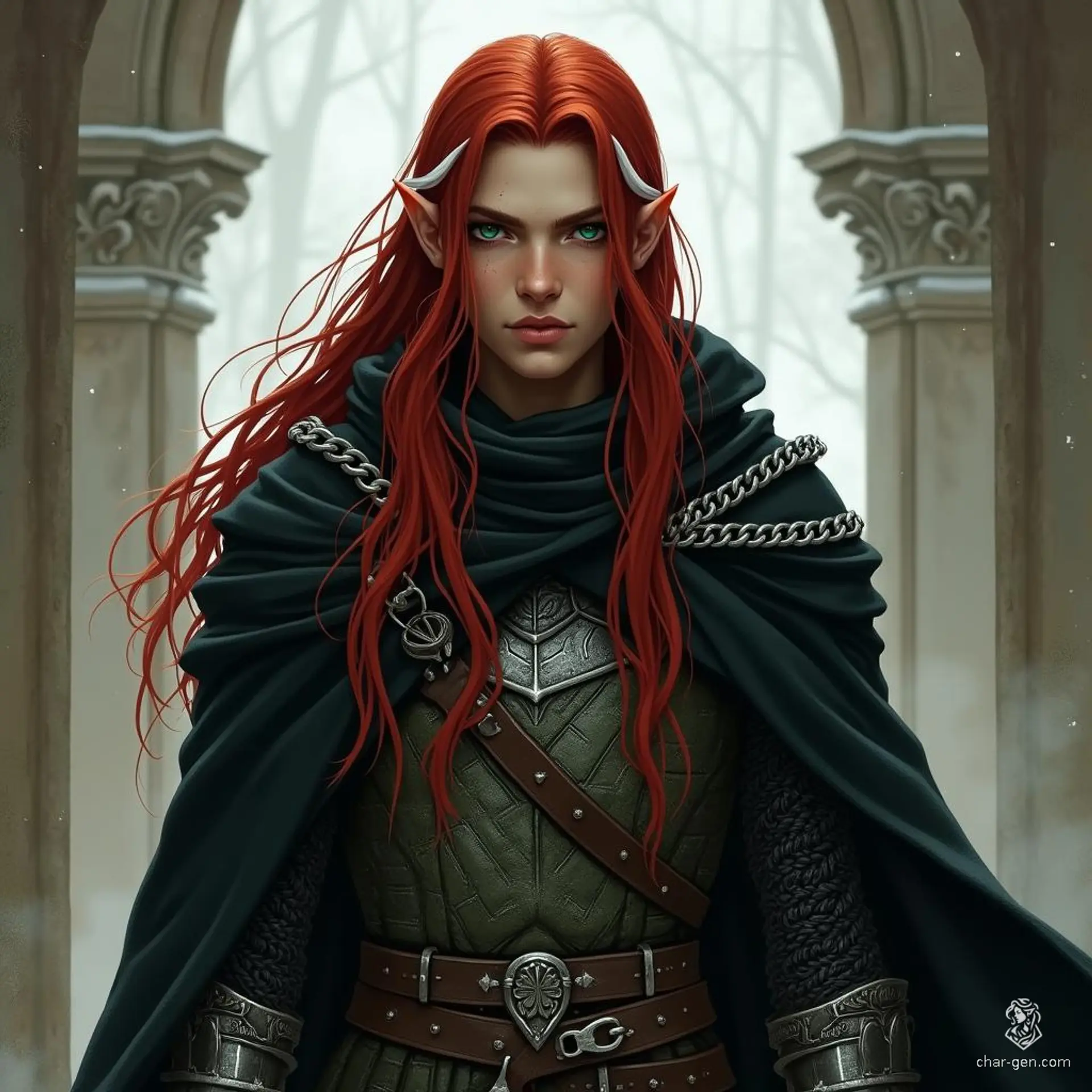 A striking half-elf stands tall, her long red hair laced with white streaks framing sharp features. Dark green eyes shimmer with ancient wisdom, while her black cloak billows around silver chainmail, hinting at both elegance and formidable strength in battle.