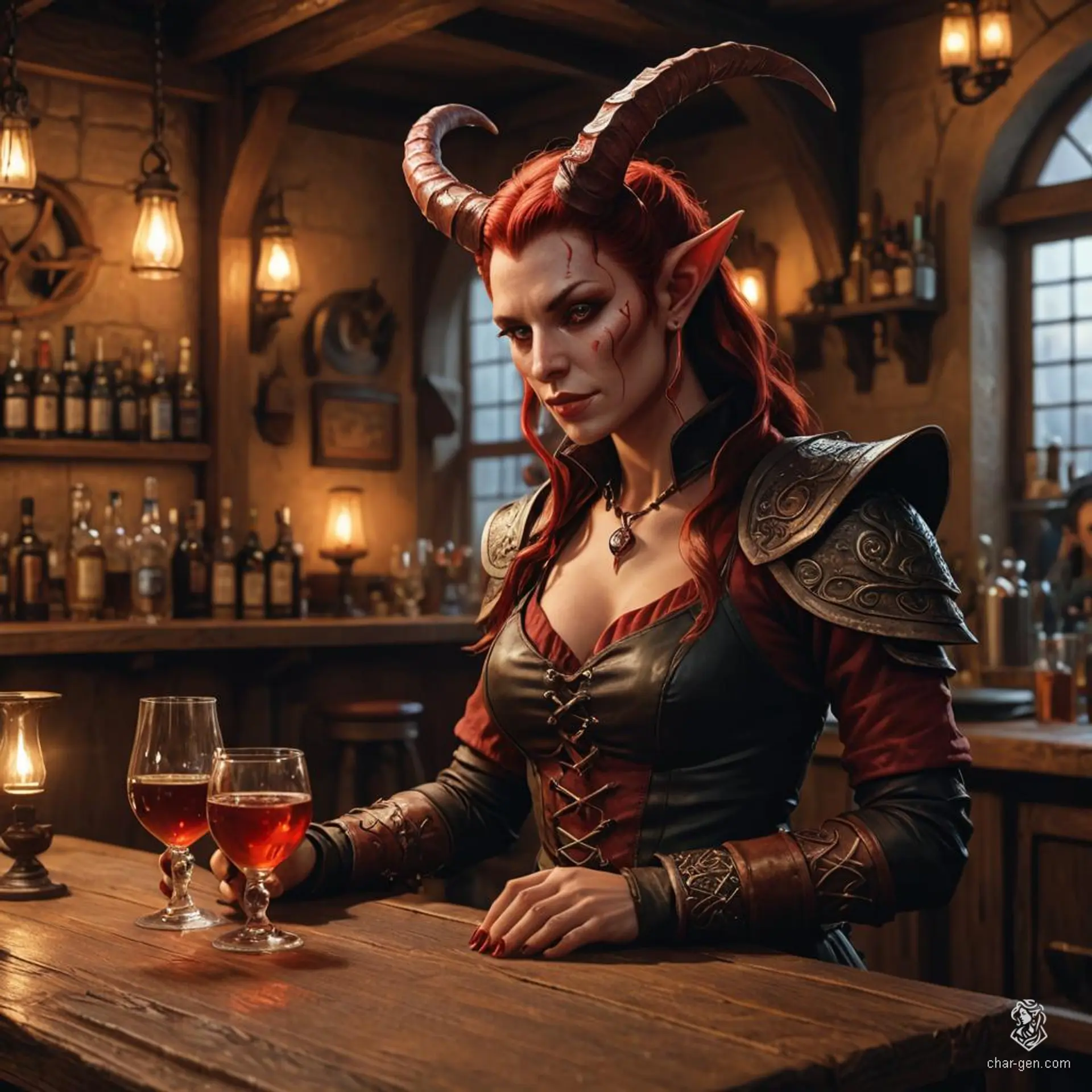 A half-human, half-tiefling female bartender with striking red skin, devilish horns, and a long tail. She stands out with her unique appearance, polishing glasses behind the bar, her devil-like features contrasting sharply against her human warmth.
