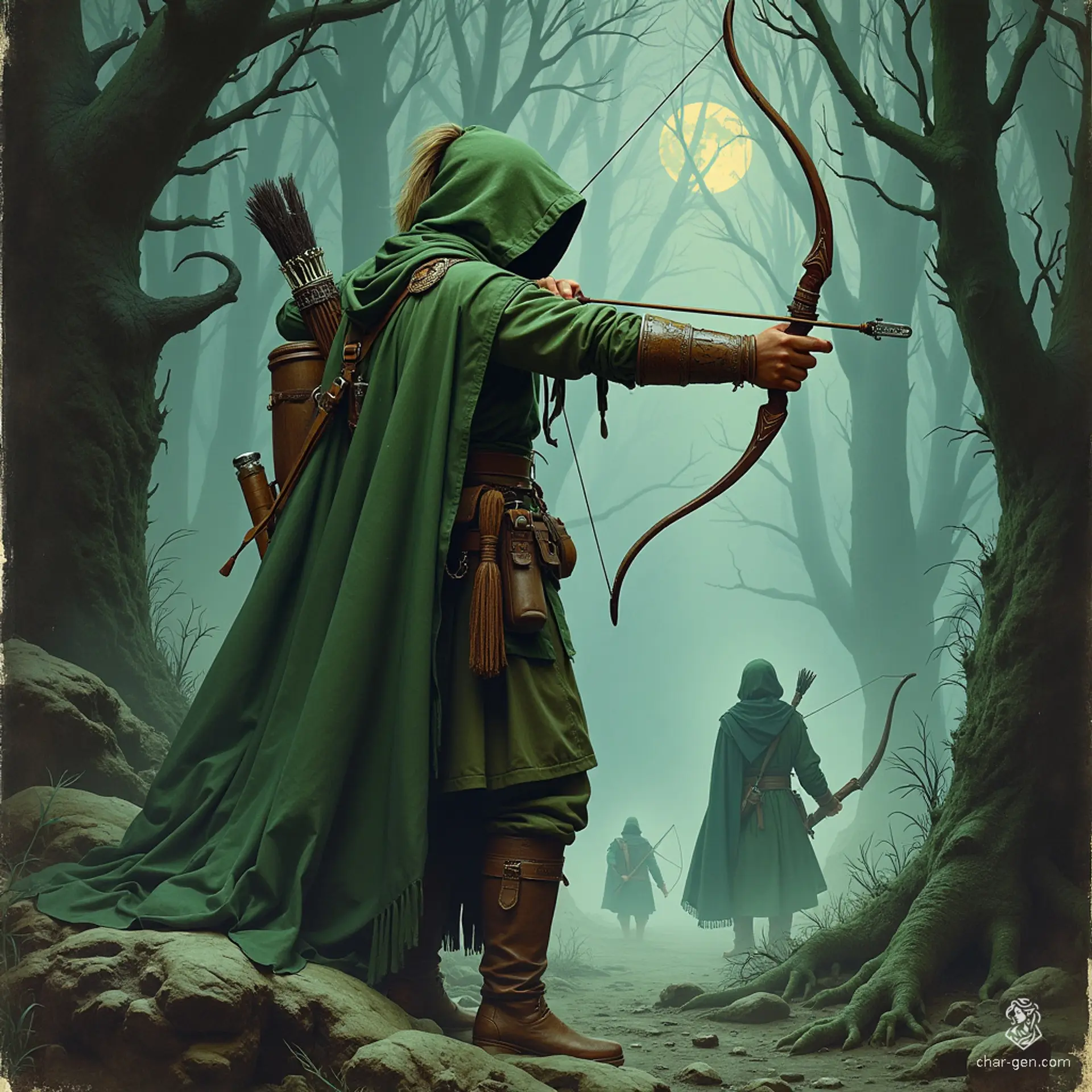 An adept male Elf Ranger, this archer sportingly dons a long, hooded green cloak over grey and brown attire. With a keen eye and skillful precision, he takes careful aim, his ponytail swaying as he draws an arrow from the quiver on his back.