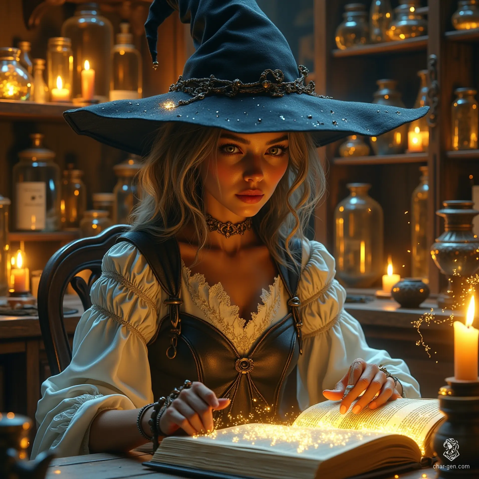 Maryam, the Apothecary Witch, is a charming older elf with tanned skin, bright topaz eyes, and a sprinkle of wrinkles that tell tales of wisdom. Her flowing tea-colored hair, streaked with grey, is styled in a loose ponytail. Dressed in practical yet elegant attire, she immerses herself in her alchemical lab, surrounded by mystical potions and her ghostly spider familiar, exuding competence and curiosity in a cozy, enchanting atmosphere.