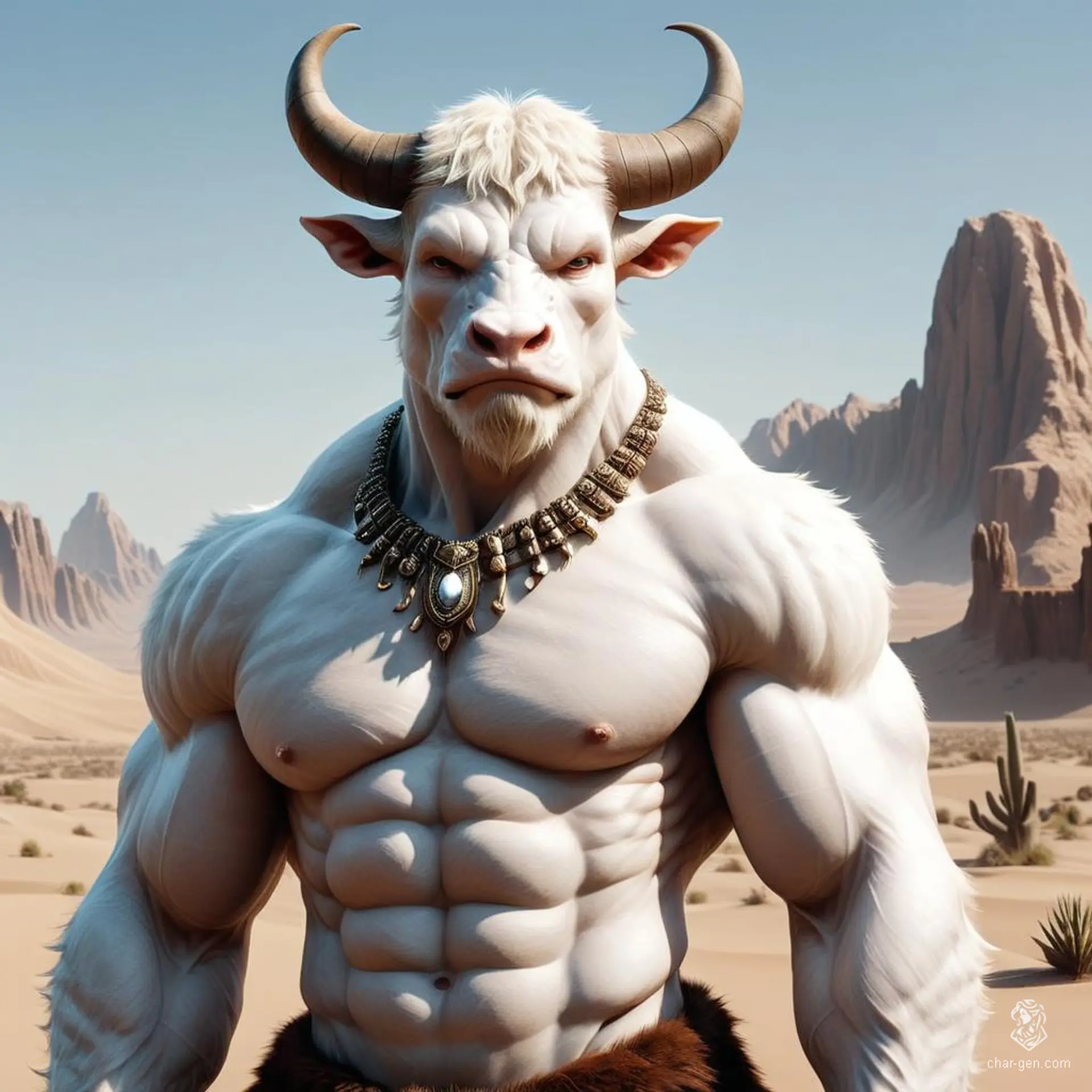 An imposing albino minotaur with stark white fur, wearing a brown toga and adorned with a gothic lantern necklace. Once a warrior, he now wields a book instead of an axe, resembling a merchant.