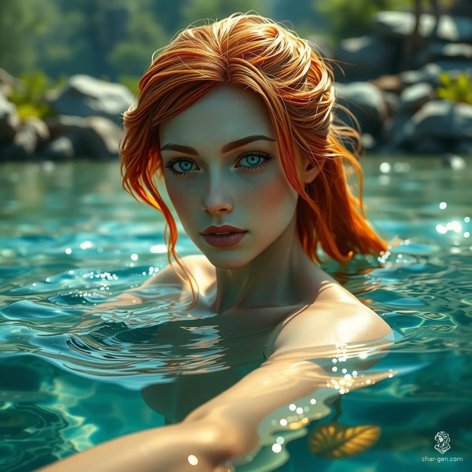In a mesmerizing fantasy realm, a 22-year-old woman with cascading copper hair glides gracefully through the crystal-clear waters of a serene river, her surroundings vividly painted in rich, hyperrealistic detail, bathed in the golden hues of a setting sun.