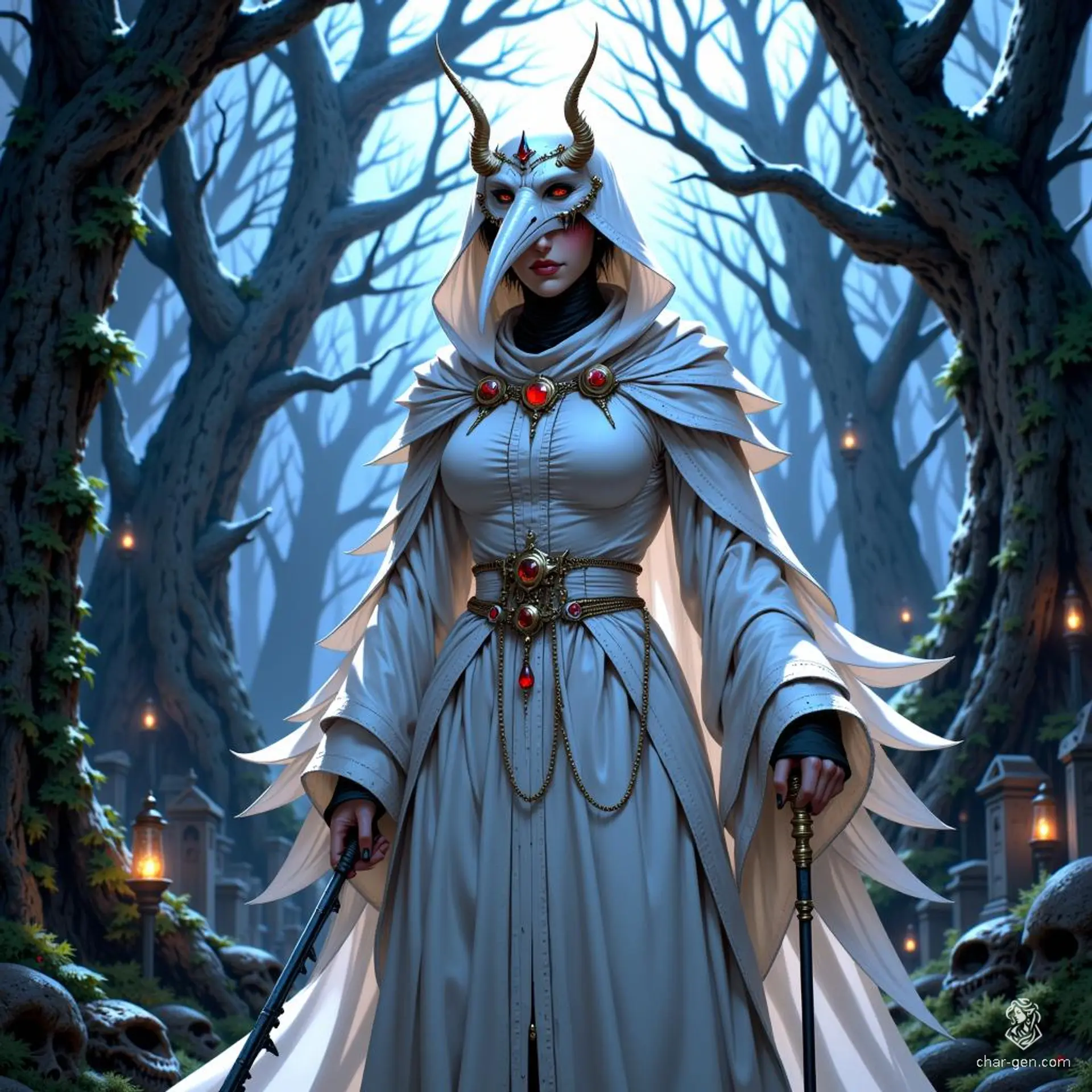 An intensely dramatic and highly detailed portrait of a female plague doctor, captured in 8K resolution. She wears an immaculate white robe and a long-beaked, ghostly white mask, set against a foggy, graveyard background. The photo emanates a haunting, mystical aura with sharp, elegant lines and dramatic backlighting.
