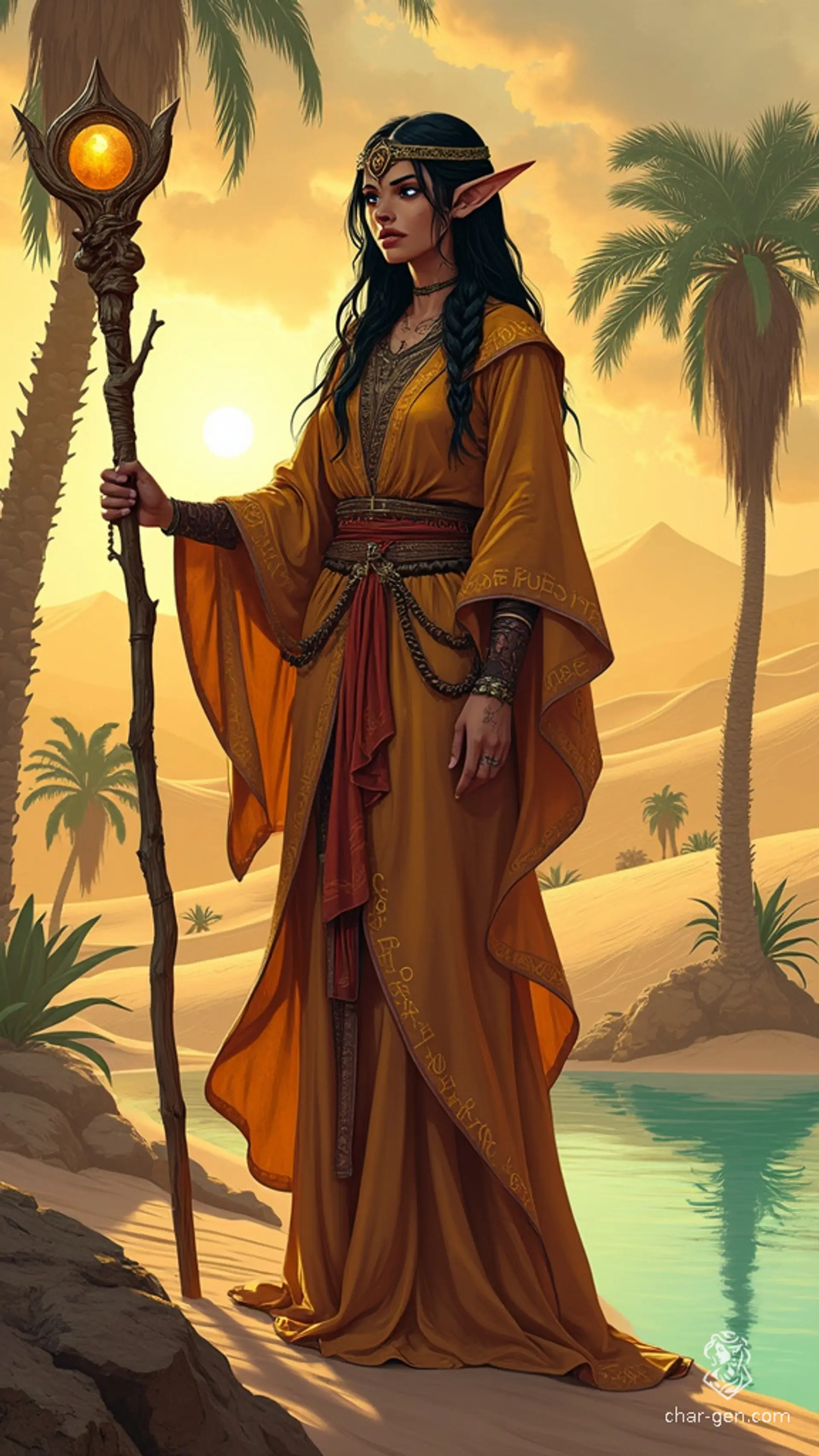A commanding female desert seer, adorned in an ornate, rune-embroidered robe, stands at the desert's edge. Her bronzed skin, intricate braids, and piercing eyes convey wisdom and strength, while her glowing staff pulses with hidden power. She embodies a spiritual leader, revered for her connection to ancient desert gods.