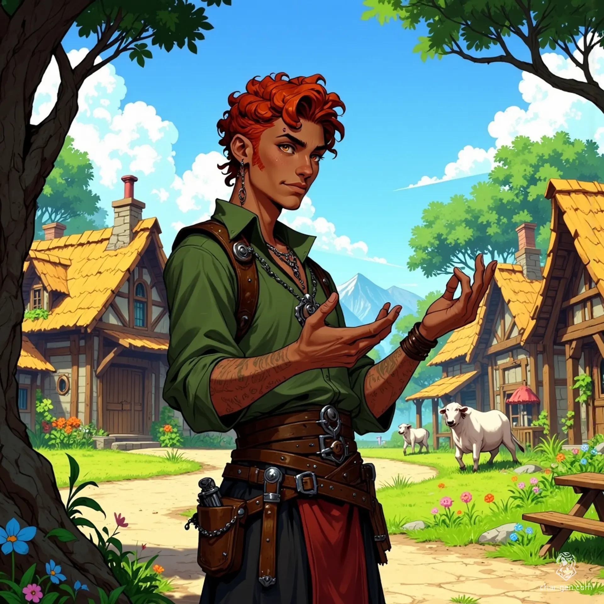 Smegugh Ironfury, an 18-year-old half-orc jeweler, stands 5'10" with sunburned green skin and a round build. His cropped, curled auburn hair, shaved on one side, frames a surprisingly soft and beautiful face. Brown eyes spark with passion as he gestures animatedly during conversations.