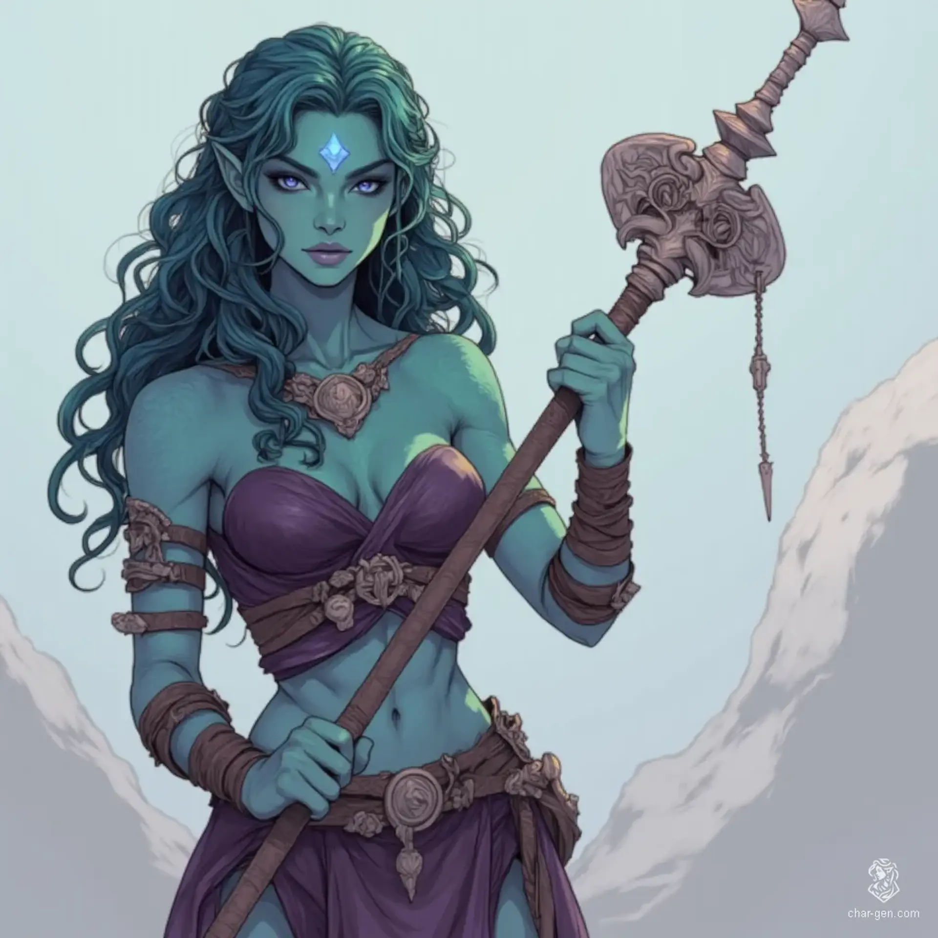 This enchanting female triton, a druid of the sea, boasts green-scaled skin and mesmerizing lilac eyes. Her flowing, algae-like hair mirrors the ocean's hues. Clad in Viking-style armor of lightweight animal hides, she embodies both grace and strength, bridging the realms of land and water.