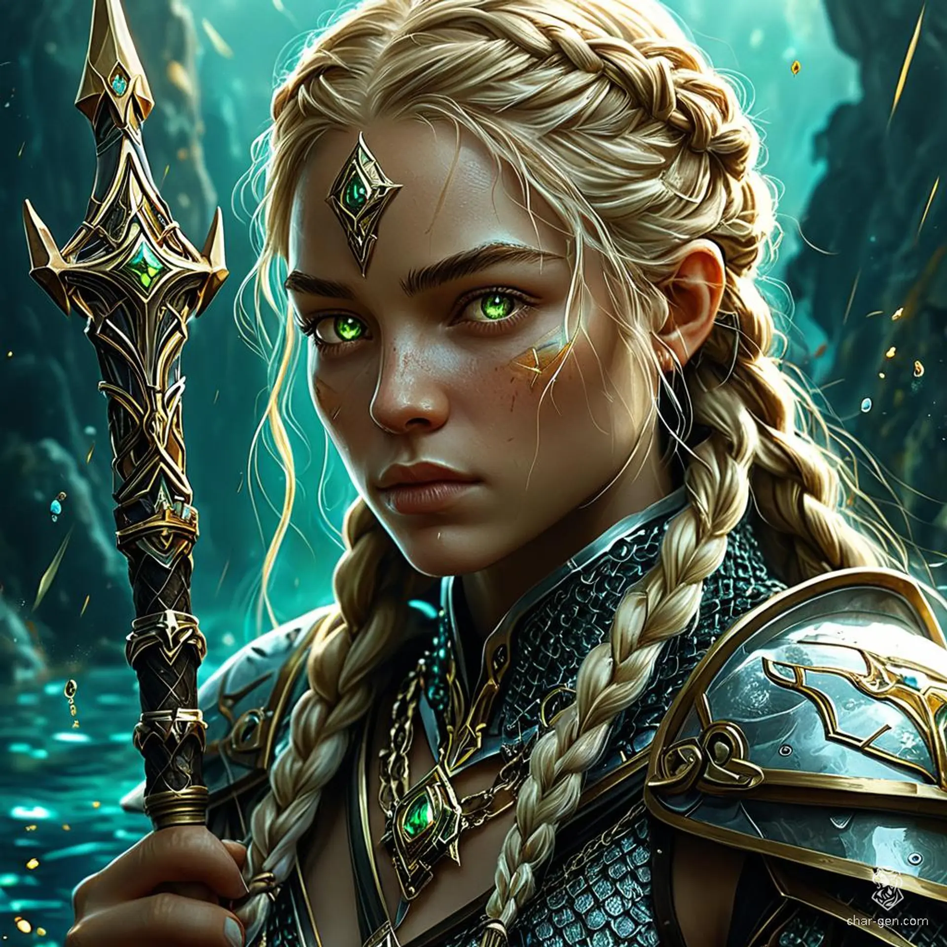 NightDiver's character, a 22-year-old female Paladin with a dignified aura and a protective stance, stands 6' tall with a medium build and weighs 135 lbs. This bronze-skinned, green-eyed aasimar boasts blonde braided hair and an angelic glow. Donning intricately detailed chain mail and wielding a quarterstaff, she embodies resilience and charity, always helping those in need.