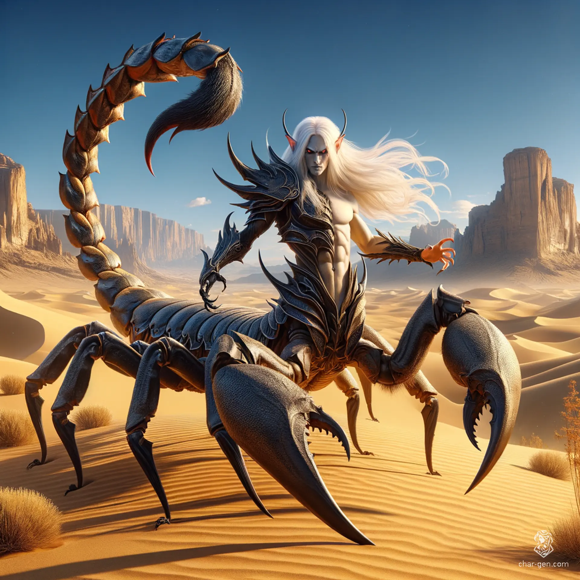 The Desert Drider is a fearsome creature with a half-scorpion lower body and a dark elf upper body. It has six scorpion legs, a venomous tail, and a drow's torso with black skin and white hair, embodying the deadly beauty and peril of the desert.