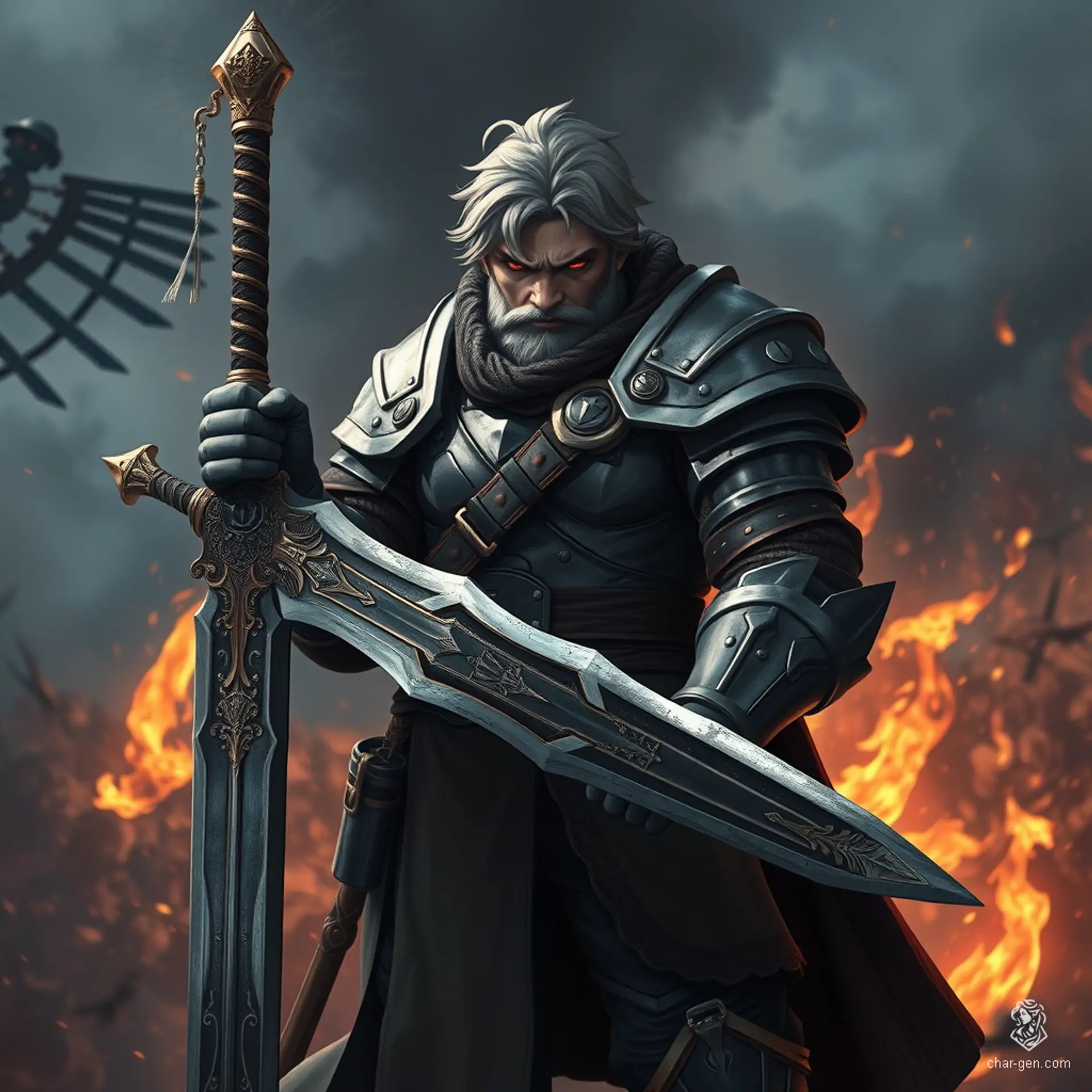 Sig Curtis is a towering warrior, standing at 2 meters with a robust frame. Clad in battle-worn half armor, he wields a stunning great sword adorned with glowing inlays. With a gloomy yet determined expression, he emanates a shadowy aura, ready to face the chaos of battle behind him.