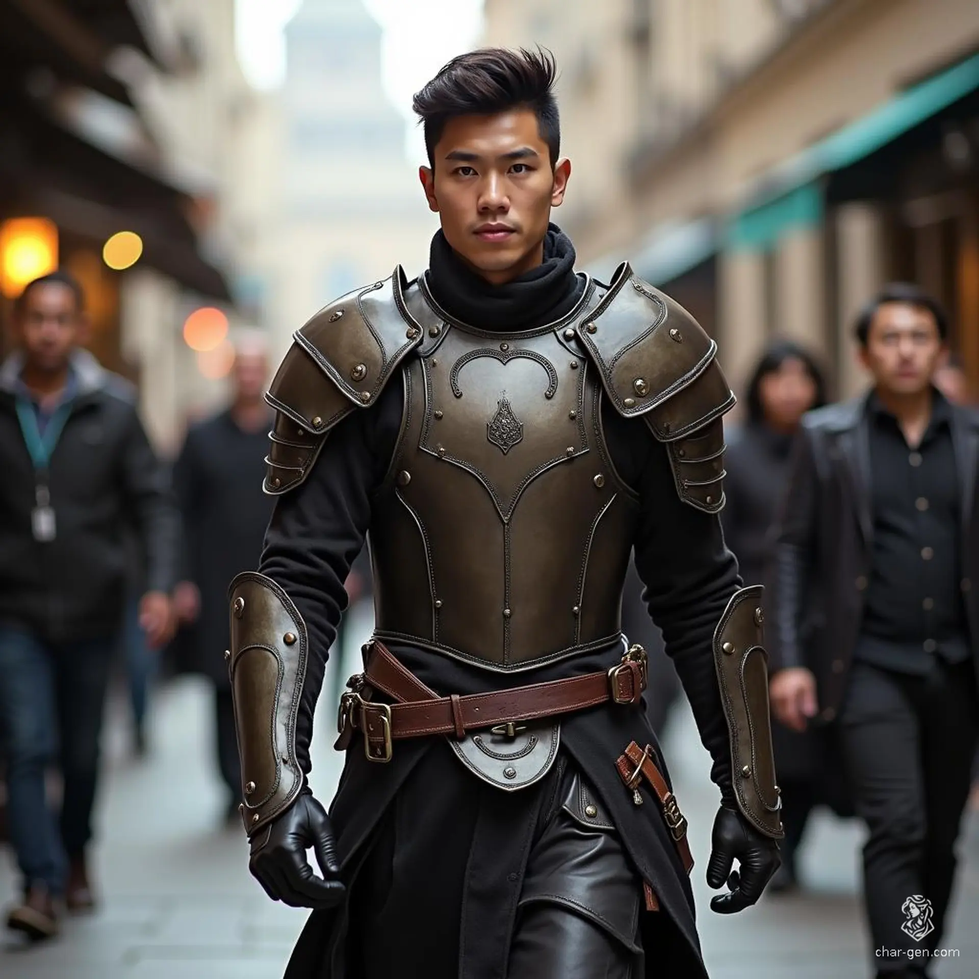 A young Asian warrior clad in rugged leather armor prepares for his journey, determination glinting in his eyes. With a swift motion, he adjusts his gear, ready to face the unknown challenges ahead, embodying courage and resilience as he departs into the wilds.