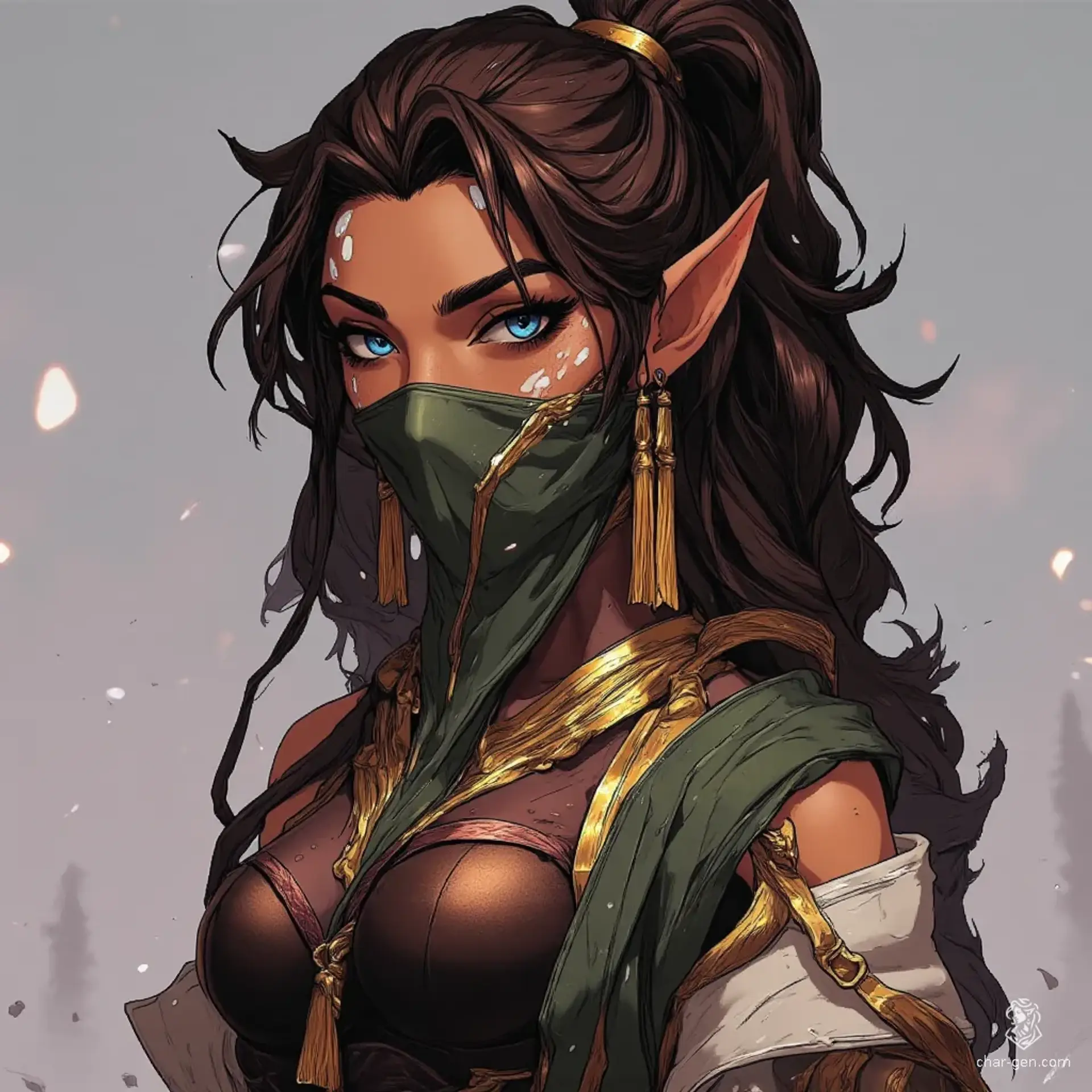 A strikingly attractive middle-aged elf, she possesses captivating blue eyes and a high-structured dark brown ponytail adorned with gold. Delicate white body patterns grace her slender form. Dressed in a simple black Egyptian cloth dress, her tired expression is partially concealed by a flowing green silk veil, accented with long gold earrings and a necklace.