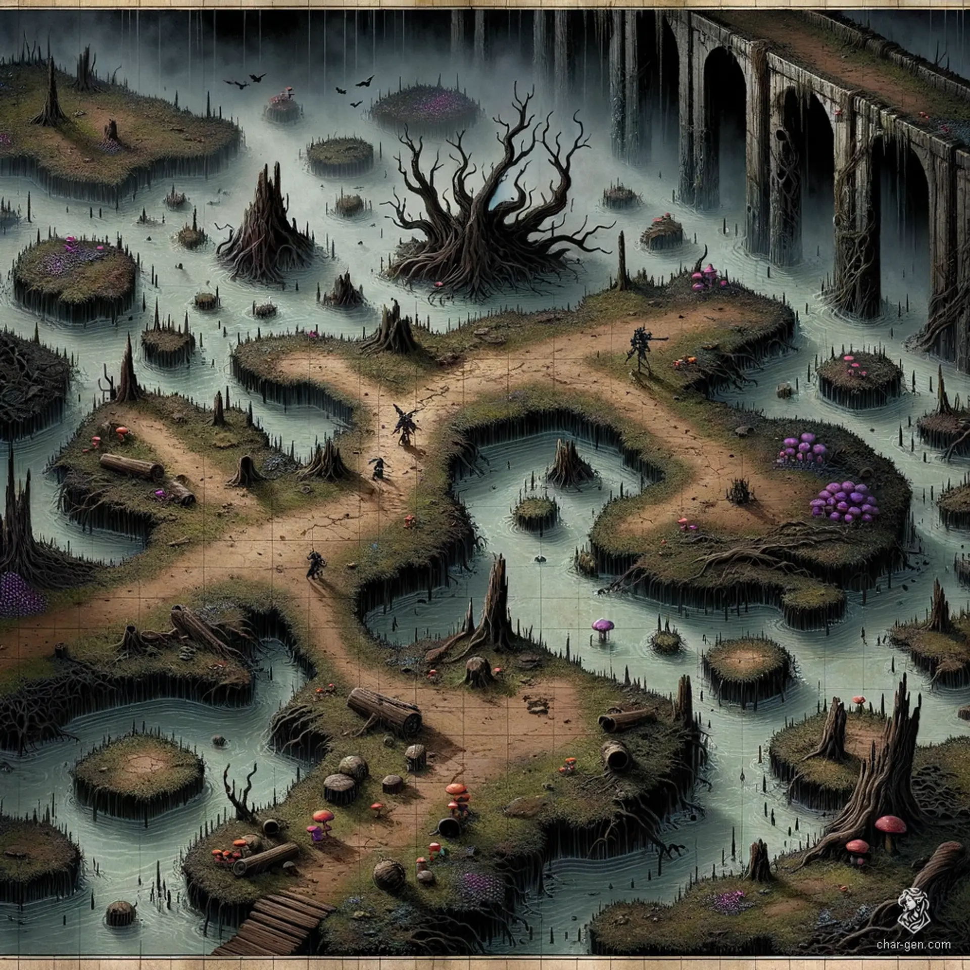 In a shadowy marsh, tangled mangroves loom over pools of murky water, shrouded in thick fog. Sticky mud clings to every step, while glowing crickets dance like fleeting stars. Ruined highway bridge pillars rise ominously in the east, concealing secrets and lurking traps. Venture here, where every thicket hides danger and the air is thick with dread.