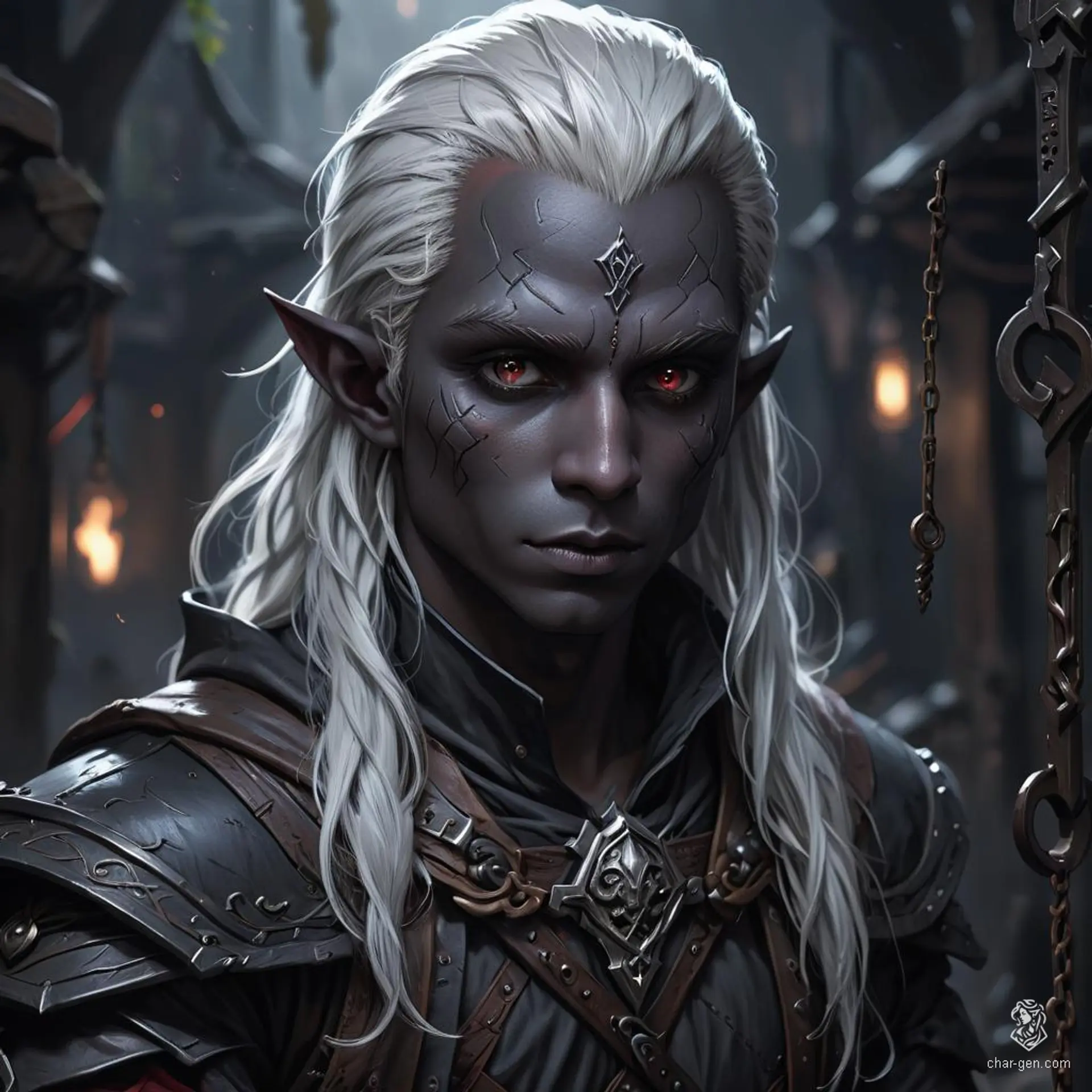 Arivael, a stealthy male drow rogue with dark grey skin and flowing white hair, embodies the lethal grace of an assassin. Master locksmith by trade, his agile movements and finely crafted dark leather armor enhance his stealth. A scar on his left cheek reveals a tumultuous past.