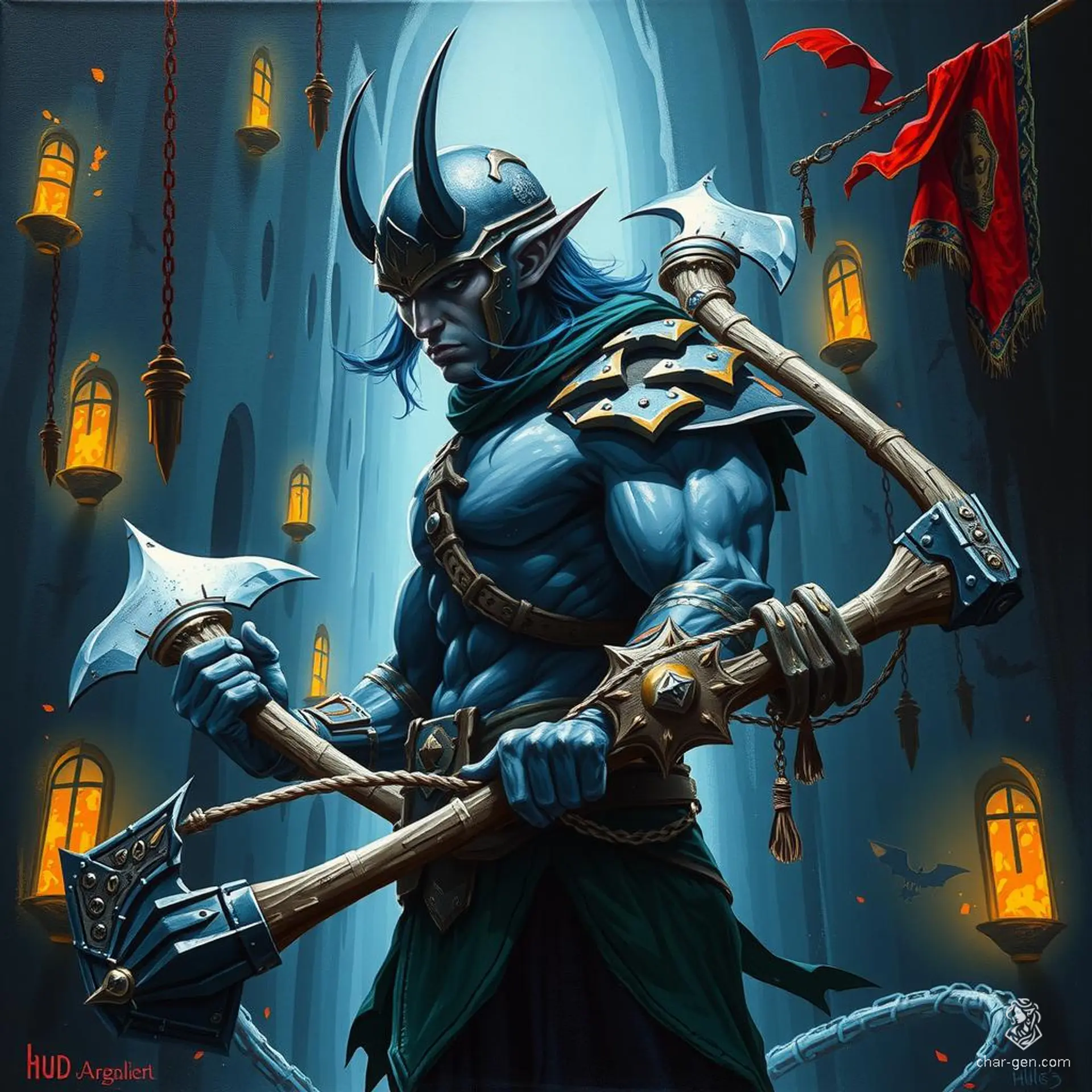 A formidable dark-skinned Night Elf with blue hair and long ears stands ready to fight, wielding dual one-handed axes. Tall, muscular, and frowning, this dragonslayer's helm gleams as he poses in a strong, intimidating profile.