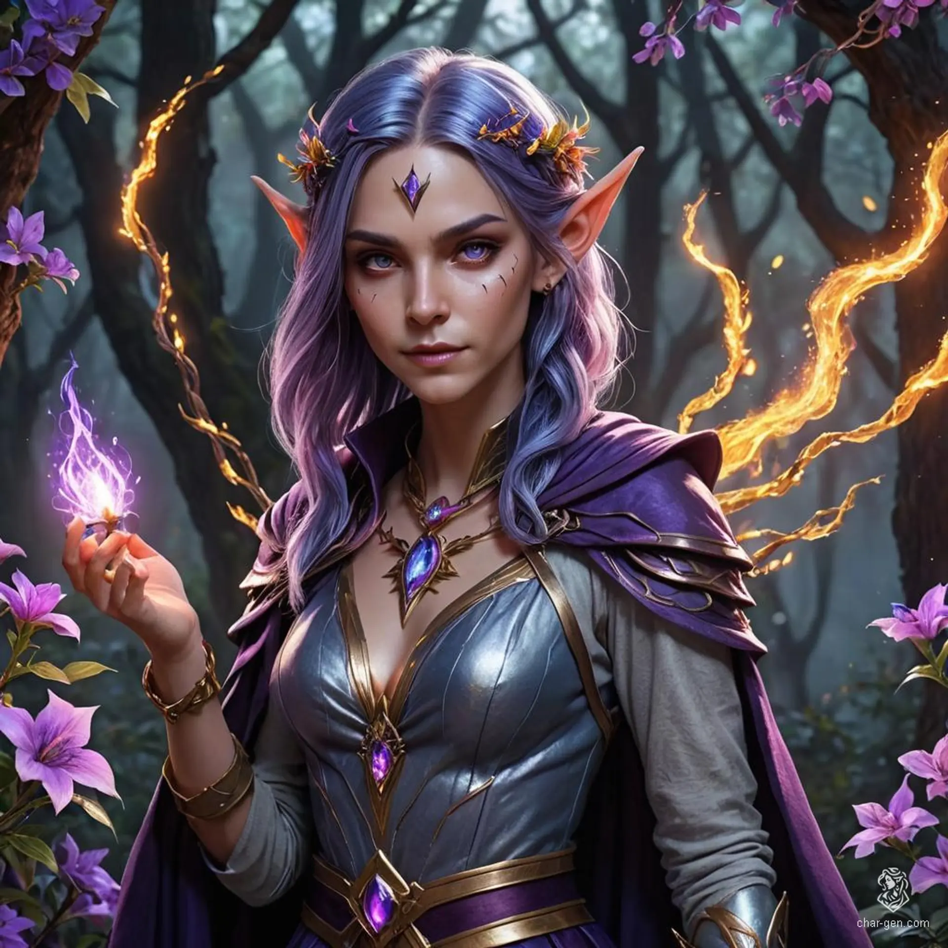 A fluid-gendered, grey-skinned half-elf and dhampir sorcerer with a draconic bloodline, distinguished by vivid royal purple hair and iridescent eyes. Clad in an enchanted purple raven cloak adorned with jewelry and marked by scars, they wield fire and lightning magic. Their aura imbued with arcane energy, they excel in healing, surrounded by herbs, potions, and bandages, providing care to those in need.