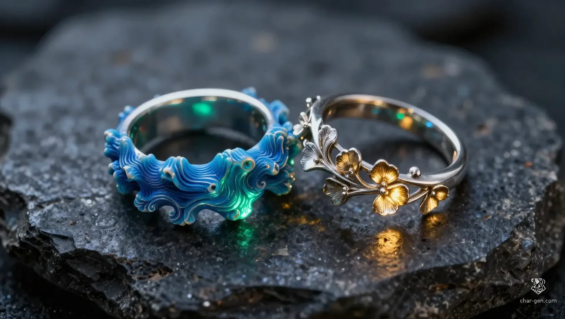 Twin Rings of the Tethered Tide & Bloom - AI-generated fantasy Magic Item