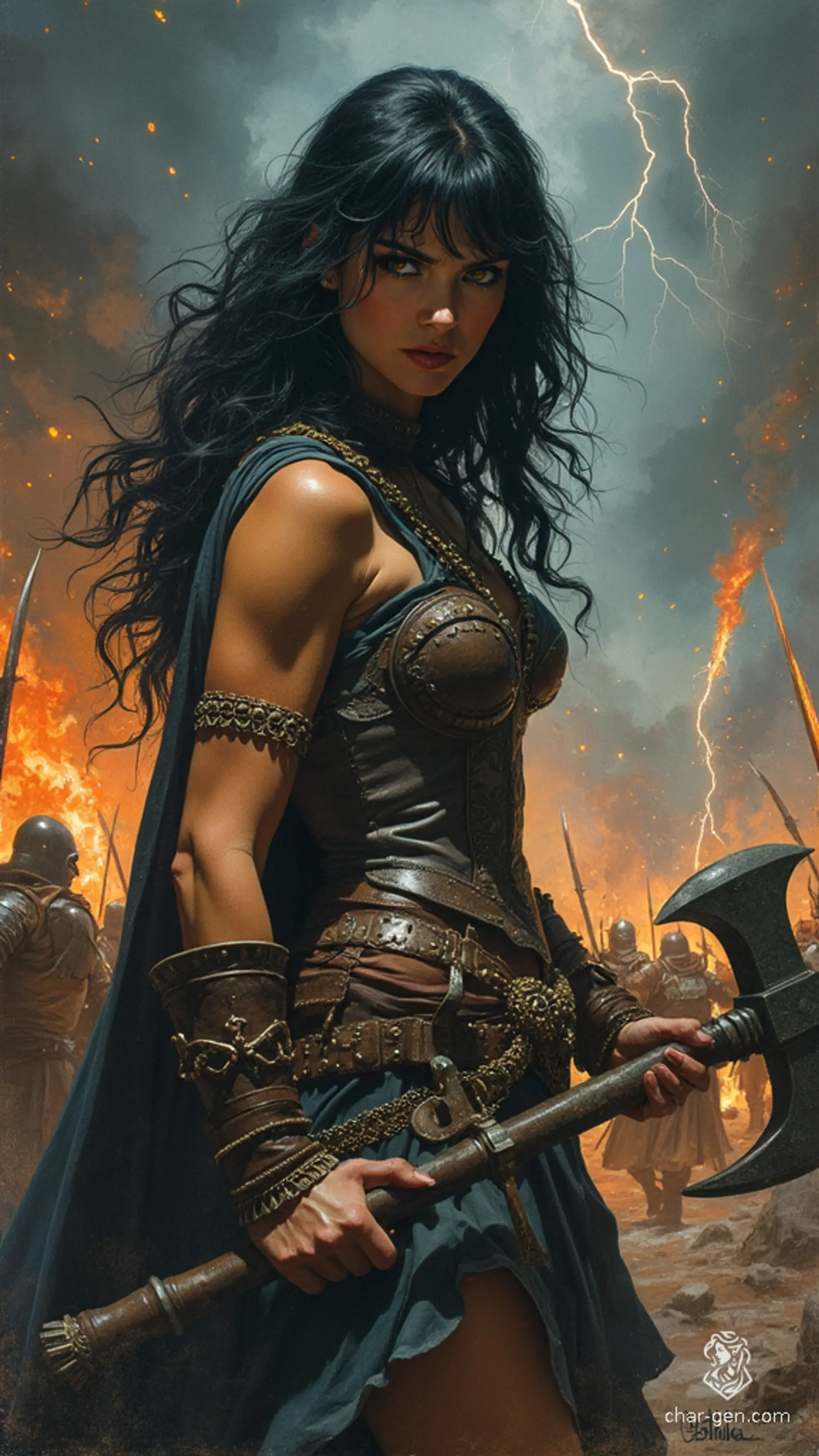 A wild and rugged female barbarian, fair-skinned with jet-black hair, stands as an angry warrior woman. She brandishes a massive warhammer, embodying fierce strength and unyielding determination.
