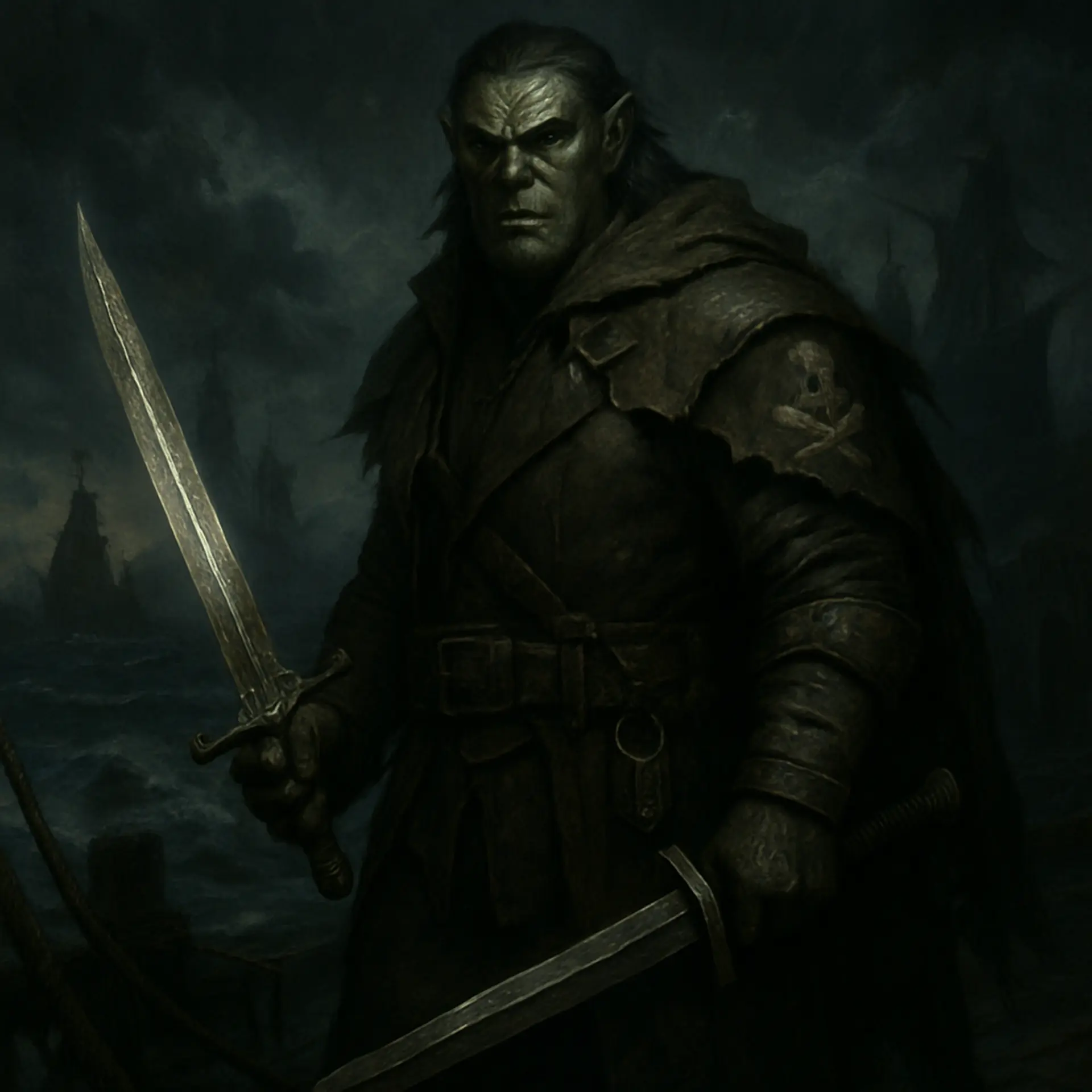 Mitulada, a towering half-orc slayer from the Shackles, is a fierce and cunning pirate devoted to Besmara. Wielding a relic longsword and a cold iron shortsword, his blend of brute strength and stealth makes him a relentless hunter of the seas.