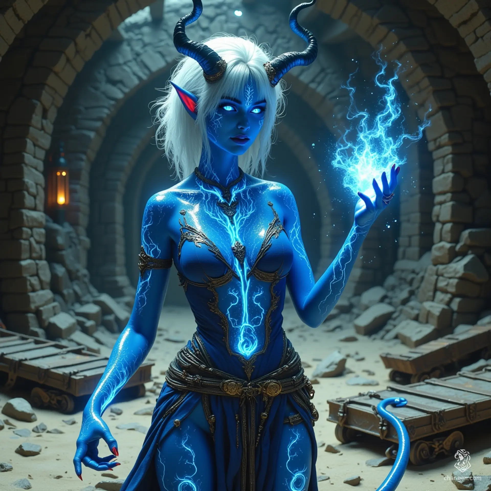 This curvy female tiefling warlock radiates an enchanting aura of magic, her bright white hair shaved on the sides and cropped short. With striking blue skin and devilish horns, she wields arcane sigils that glow around her, reflecting her joy and mastery over the mystical arts.