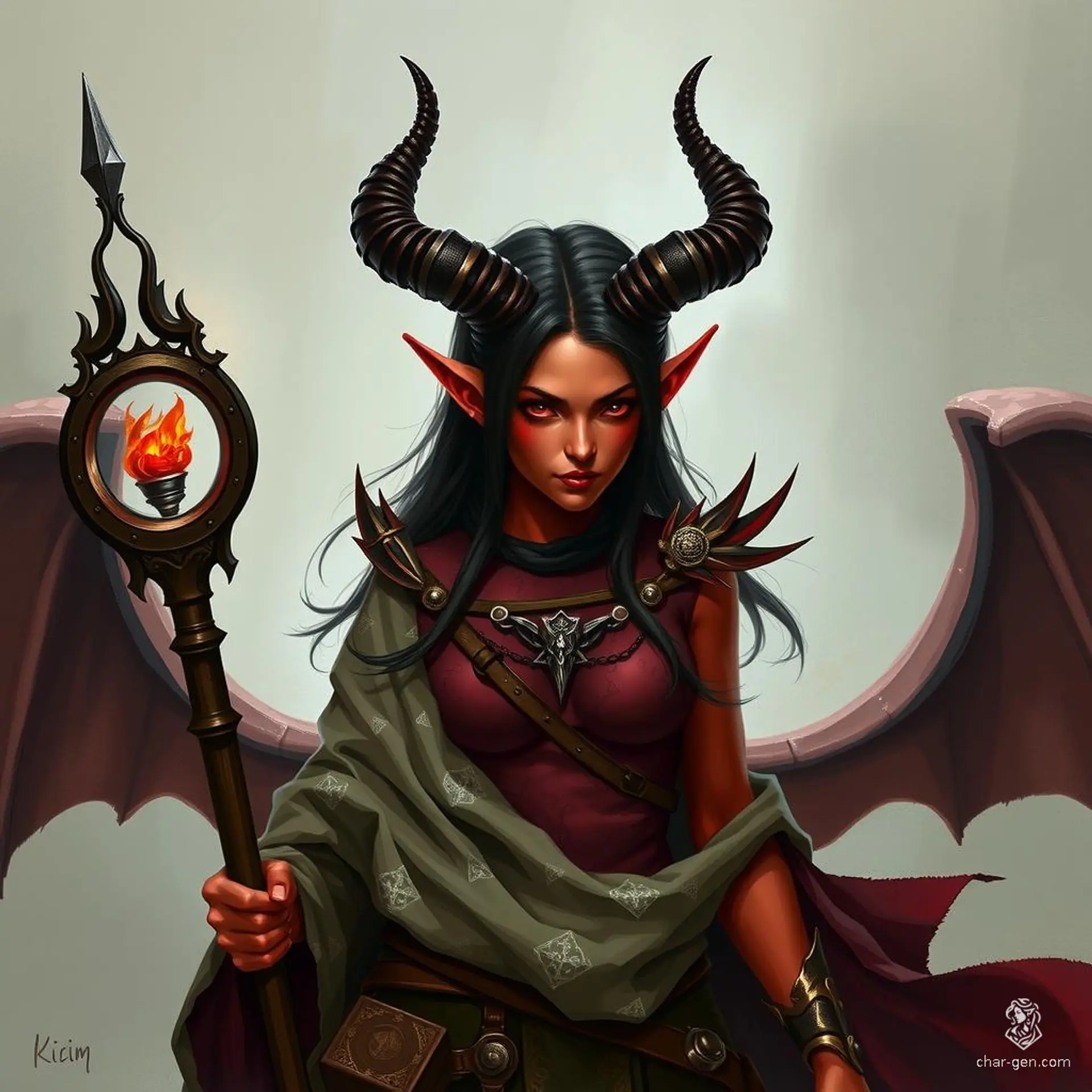 A striking female tiefling sorcerer with short horns and vivid red skin, she wields arcane powers with elegance. Her piercing eyes hint at untold mysteries, and her presence is both enchanting and formidable.