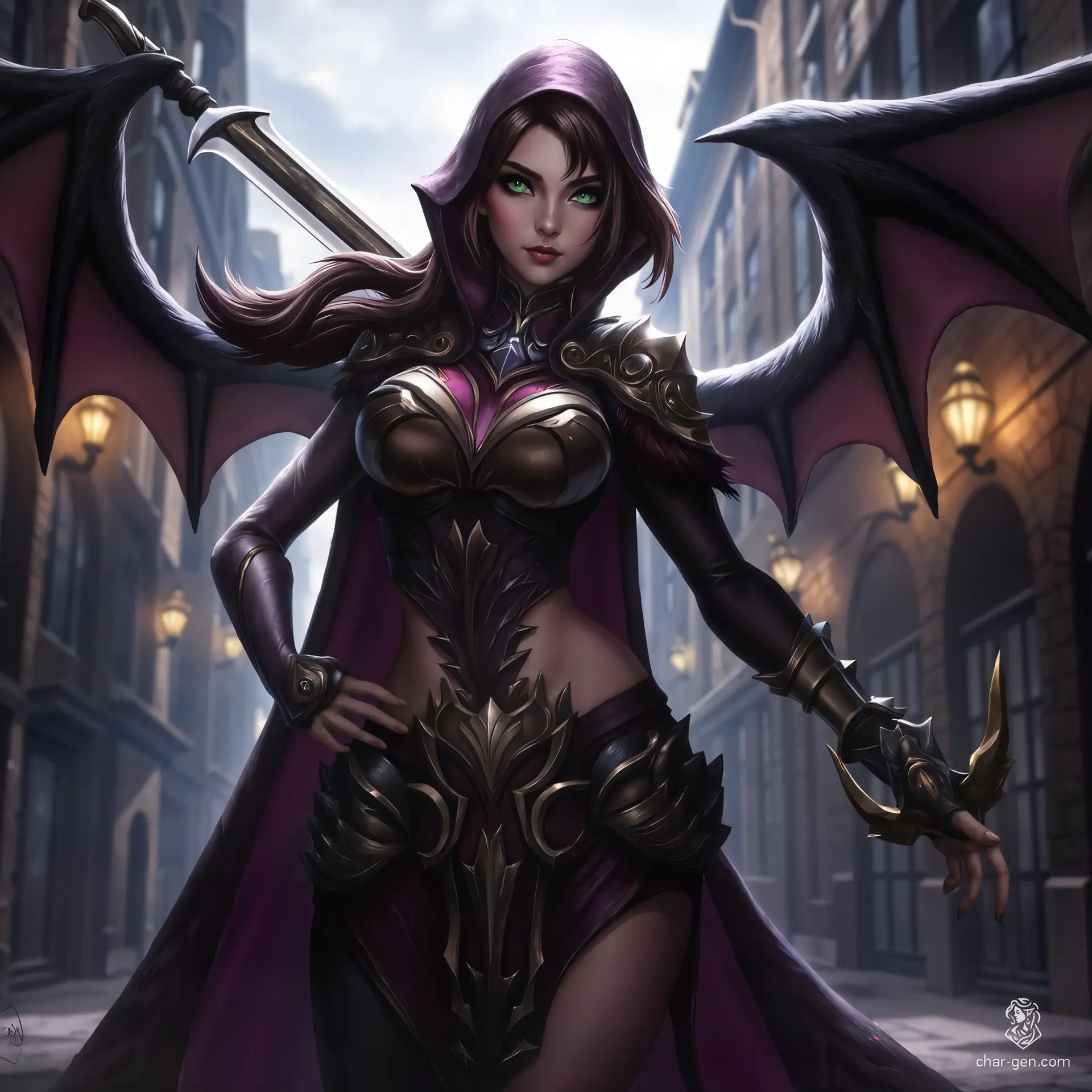 Miatte Derethian is a haunted warrior with a confident demeanor, skilled in sword-fighting and a master battlemaster. Sporting a striking winged cloak and a longsword, she navigates her demons while striving to protect the innocent, driven by the spirits of her past.
