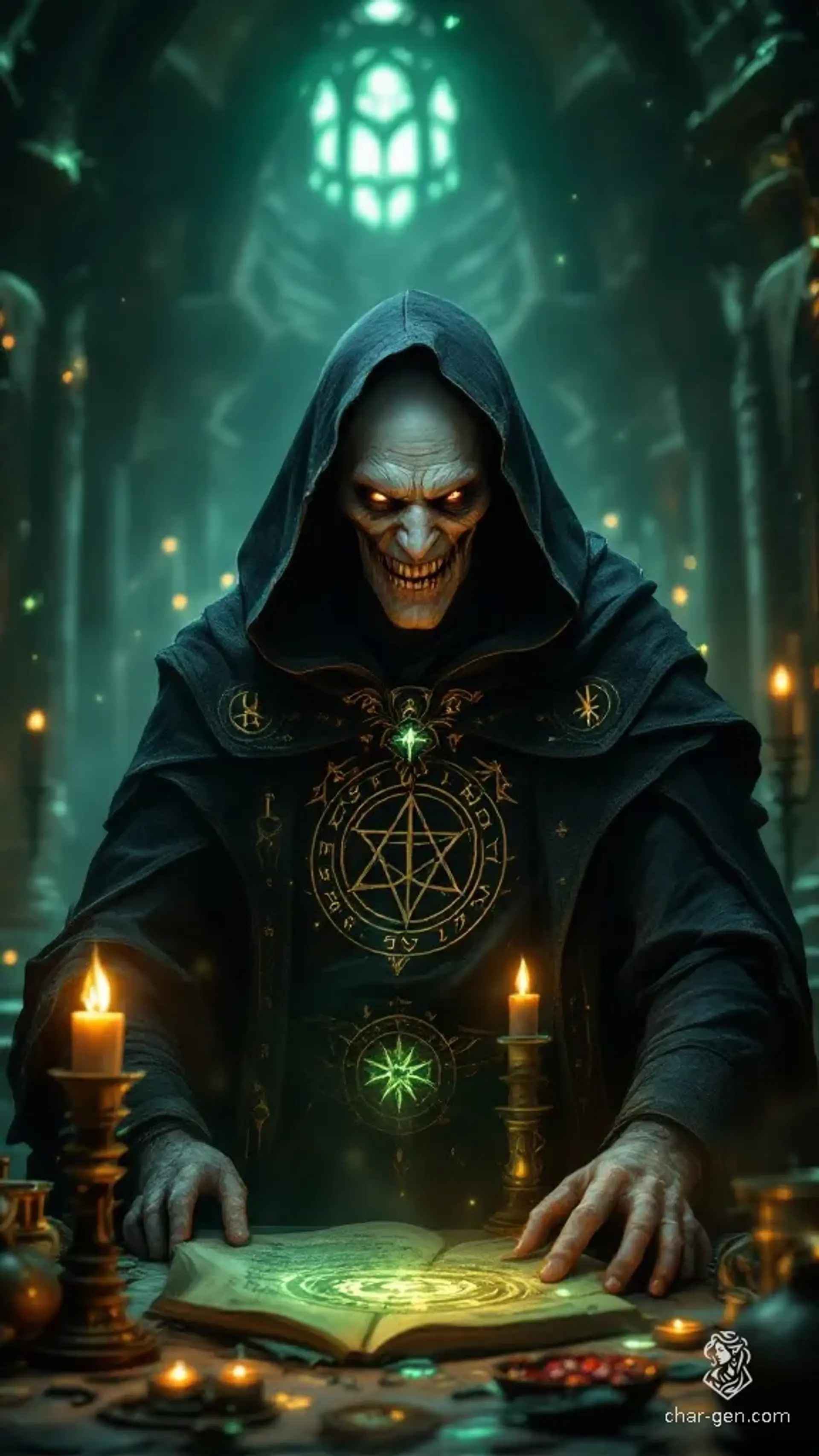 A sinister, gaunt figure cloaked in dark, rune-embroidered robes, this malevolent old man haunts the shadows of his eerie tower chamber. With sunken, piercing eyes and a wicked grin, he embodies the essence of a black mage, forever immersed in twisted arcane experiments.