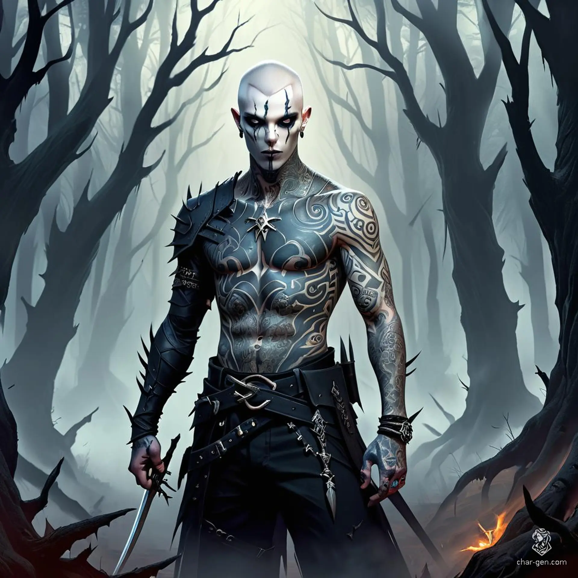 A deadly Shadar-Kai assassin, male, with raven hair and obsidian eyes. Pale, shadow-kissed skin adorned with intricate tattoos. Master of stealth, he prowls in dark clothing, concealed daggers ready for a swift, silent kill.
