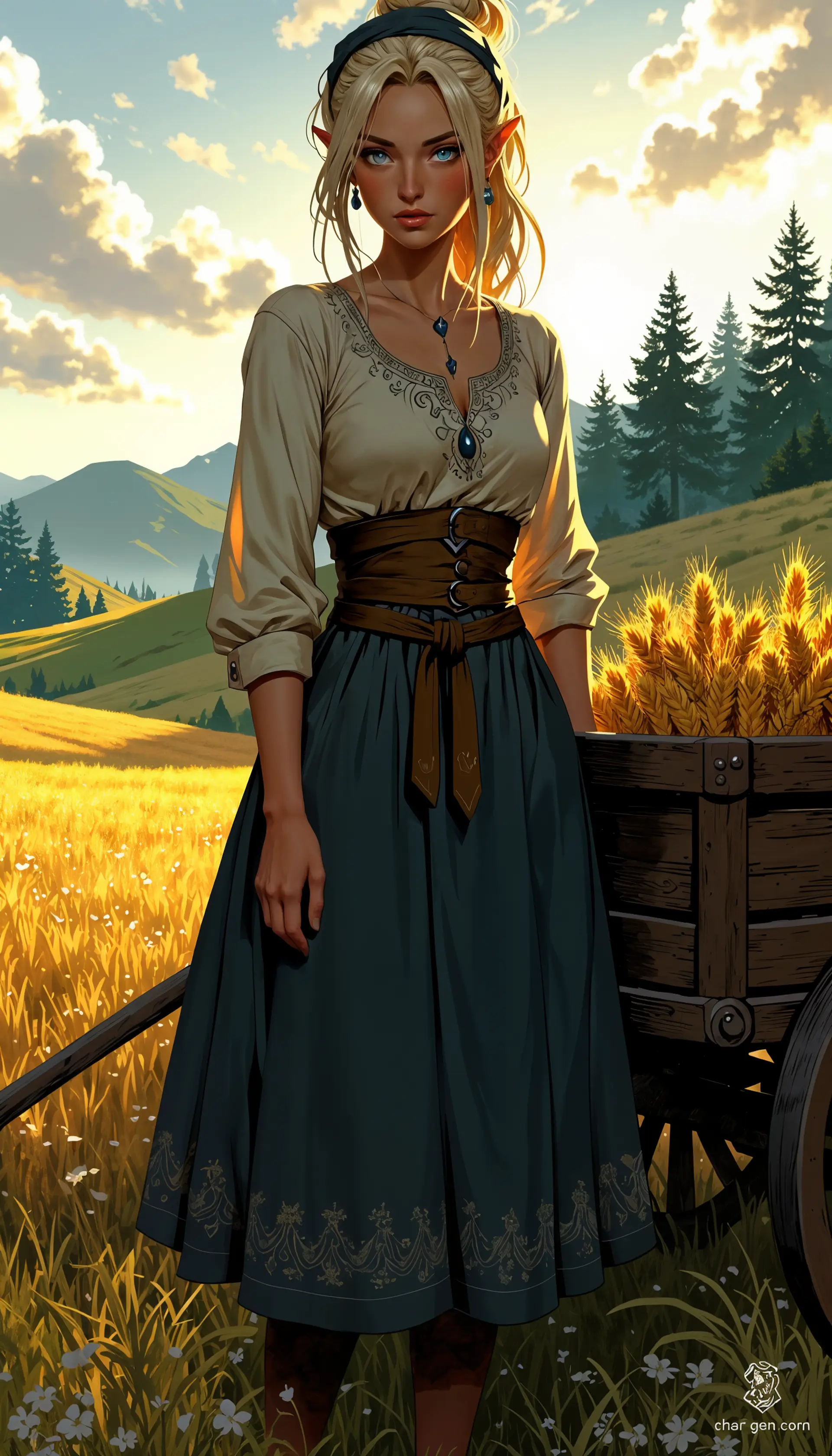 A modest Slavic farmer woman, with ash blonde hair and soft grey-blue eyes, stands confidently beside her wooden cart of freshly harvested wheat. Dressed in a beautifully embroidered linen blouse and long woolen skirt, she embodies resilience against a misty, sunrise backdrop of rolling fields and dense pine forests.