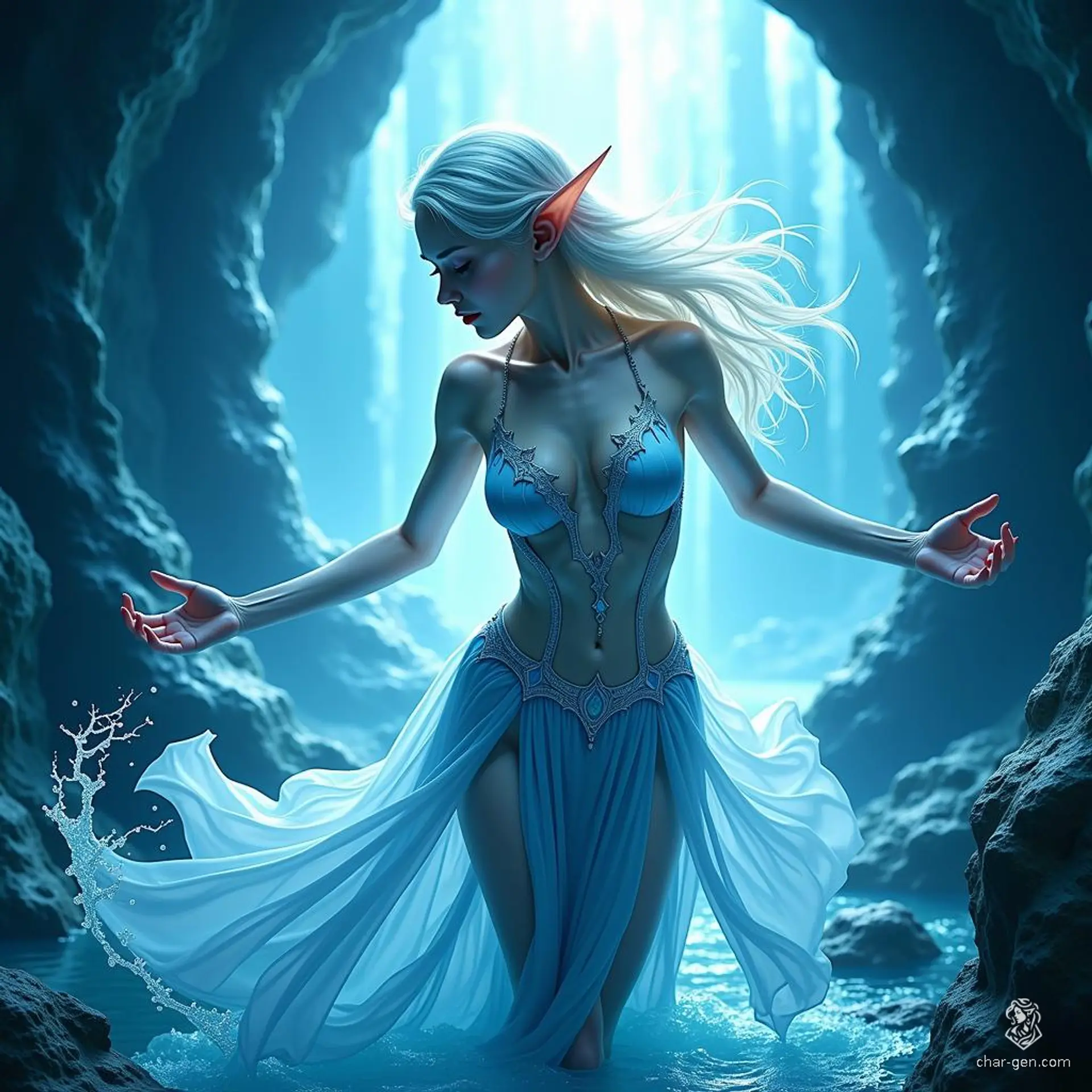 This ethereal fey nymph radiates enchanting beauty with luminescent skin and delicate, flowing hair. Her elf-like features and light skin texture create a striking presence, captivating all who encounter her in the mystical realms of fantasy. A true embodiment of grace and allure.