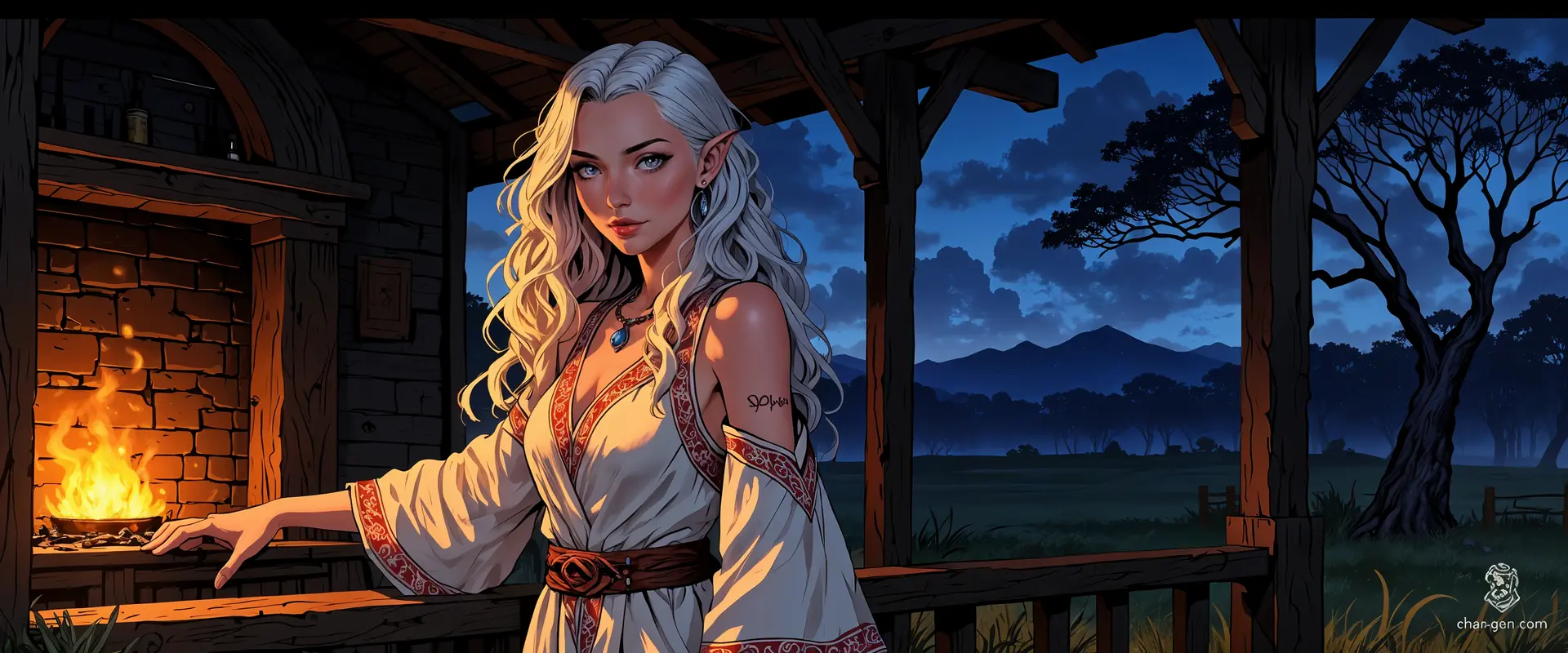 A striking Slavic enchantress with flowing platinum hair and pale blue eyes captivates in a twilight scene. Clad in a delicate white gown adorned with red and gold embroidery, she exudes ethereal grace, her hand resting on a rustic cottage railing, illuminated by warm hearth light against a serene twilight backdrop.