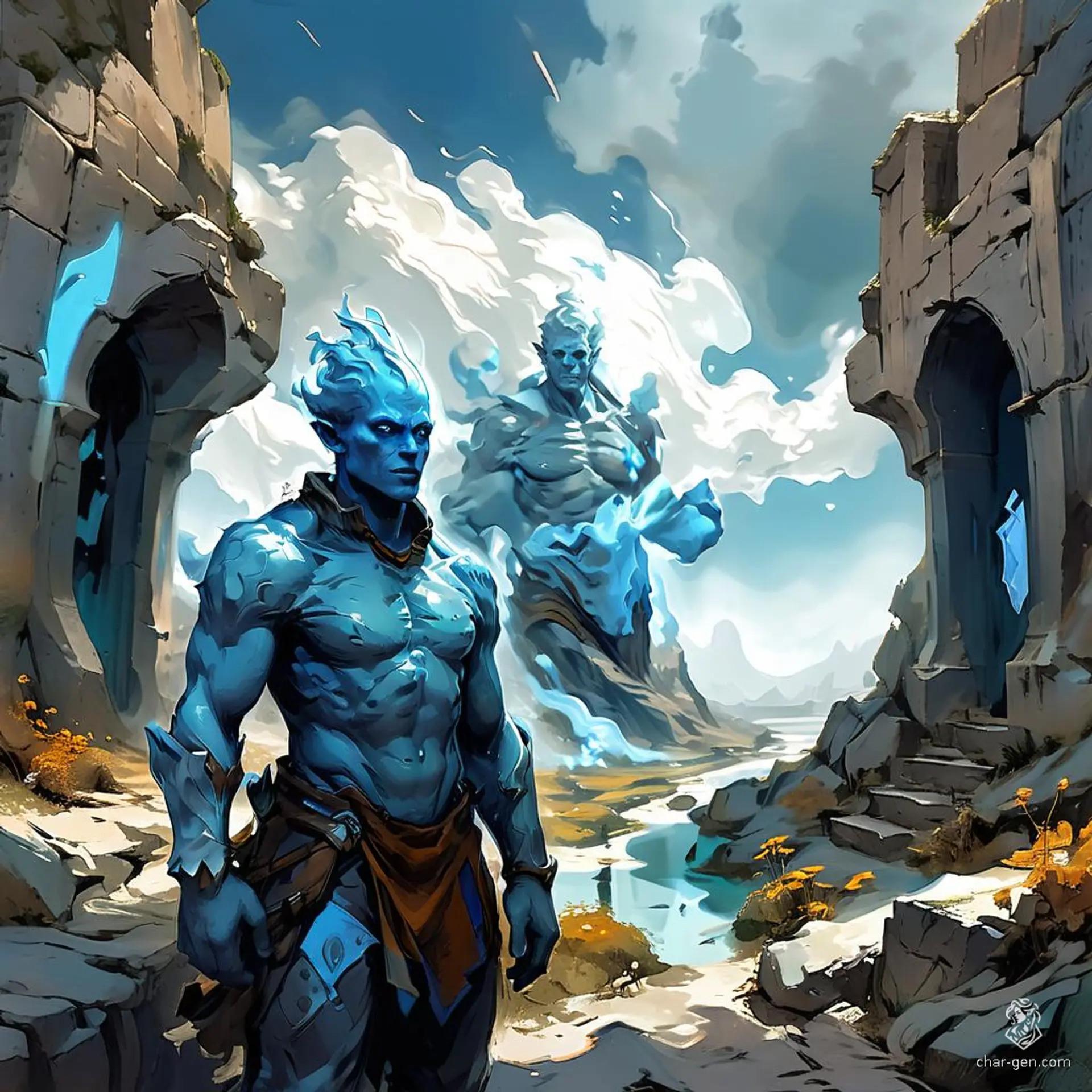 An air genasi archaeologist, this male hybrid human possesses bright blue, windswept skin with ethereal air nebula effects. His elemental heritage enhances his pursuit of ancient mysteries, combining intellectual prowess with otherworldly grace.