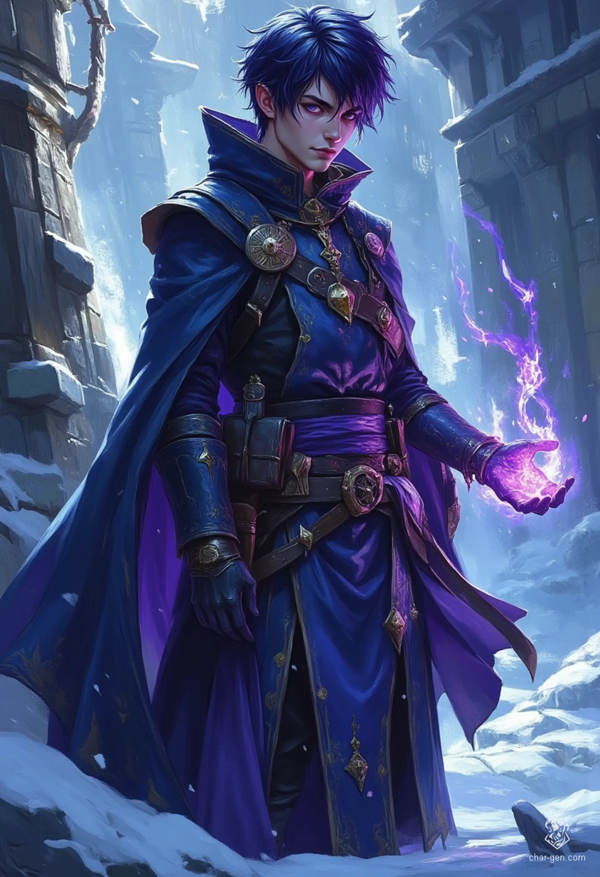 A striking sorcerer stands in an icy field, his thin build draped in an elaborate dark blue robe. With glowing violet eyes and short dark purple hair, he channels swirling magic from his hands, casting an enchanting aura amidst the harsh winds of winter.
