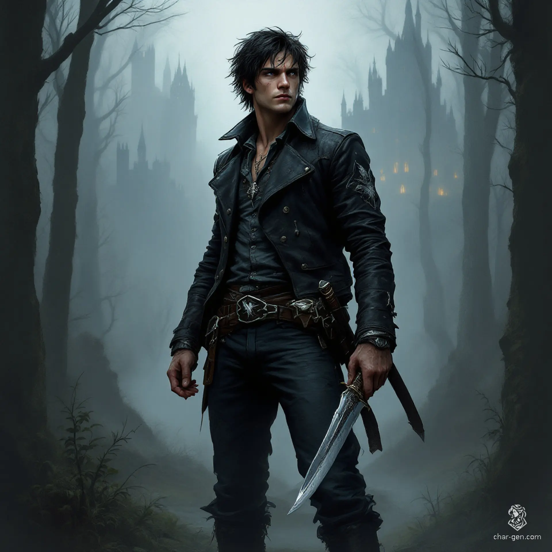 Ryland, a rugged male human bard and urban bounty hunter, embodies resilience and artistry. Raised in poverty, his weathered face and lean physique reflect a life of hardship. Clad in a fitted leather jacket and adorned with a cherished knife and guitar, he traverses Eberron's gritty underbelly, blending melody with deadly precision.