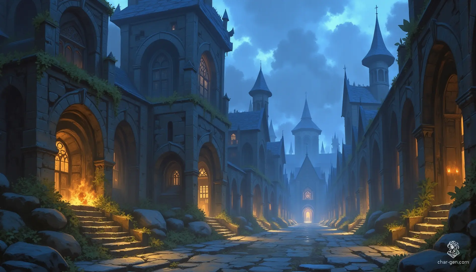 In Westcrown, overcast skies cast a moody pallor over regal, gothic architecture, where cracked walls and weathered statues tell tales of forgotten grandeur. Shadows stretch through narrow alleys, creating an atmosphere rich with intrigue and echoes of a mystical past, inviting exploration into its enigmatic depths.