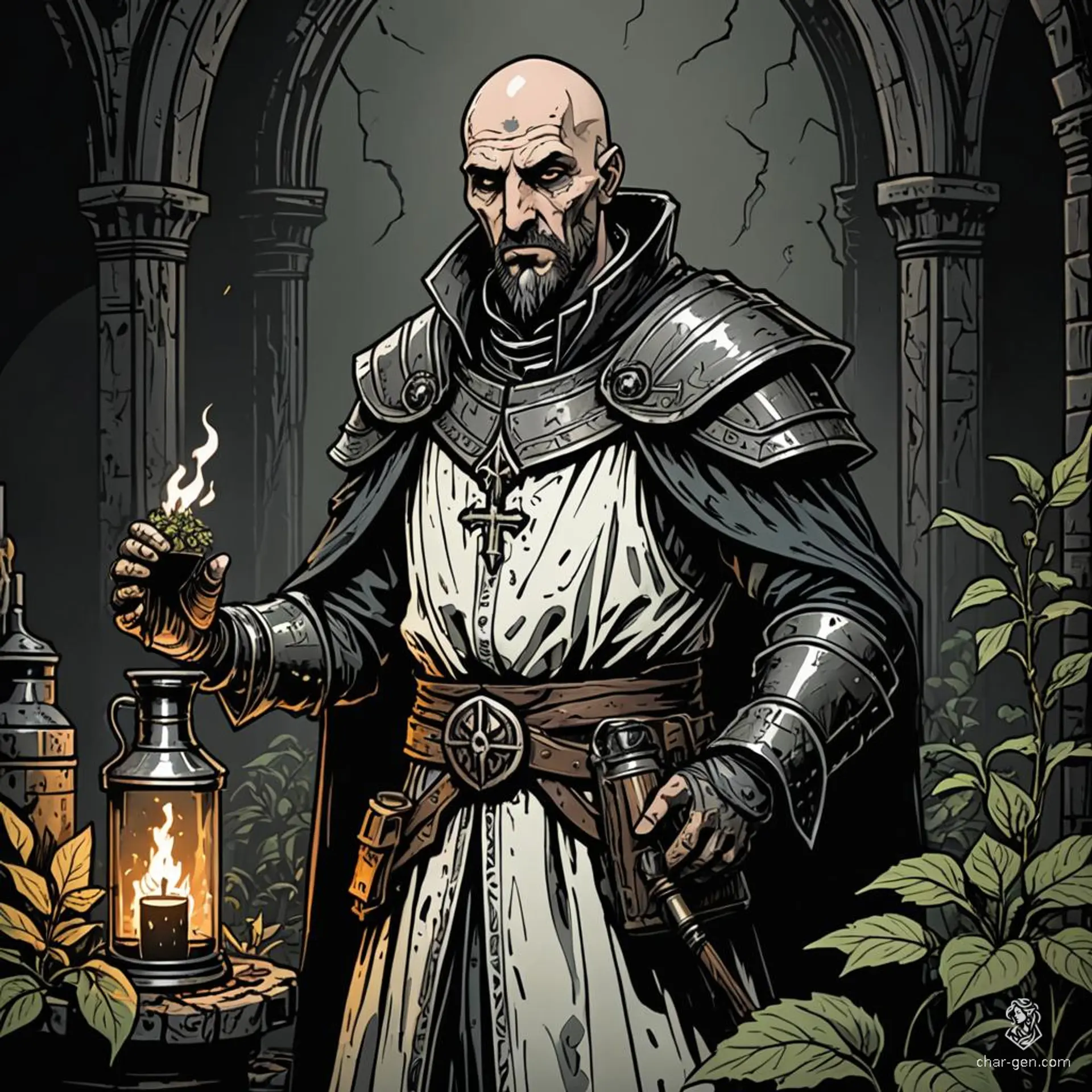 A serene, fair-skinned male cleric, resembling Peter Cushing, tends to the sick with herbs, bandages, and potions. Clad in white vestments and platinum armor, he wields a longsword and bears a prominent holy symbol. His balding head and calm demeanor exude wisdom and compassion.