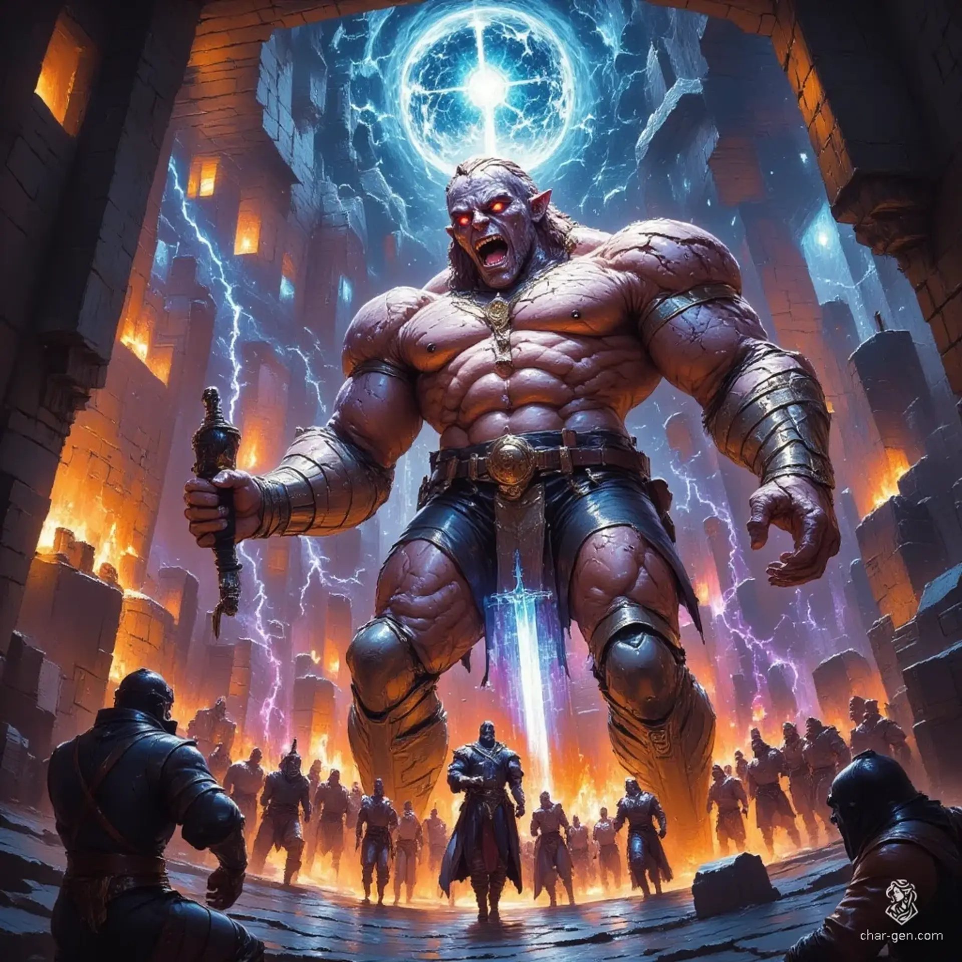 The monstrous flesh golem towers over the scene, clutching a lifeless adventurer aloft in a fit of rage. Its grotesque body, patched together from mismatched limbs, lurches heavily as other heroes attempt to strike the behemoth and rescue their comrade from its sinister grip.