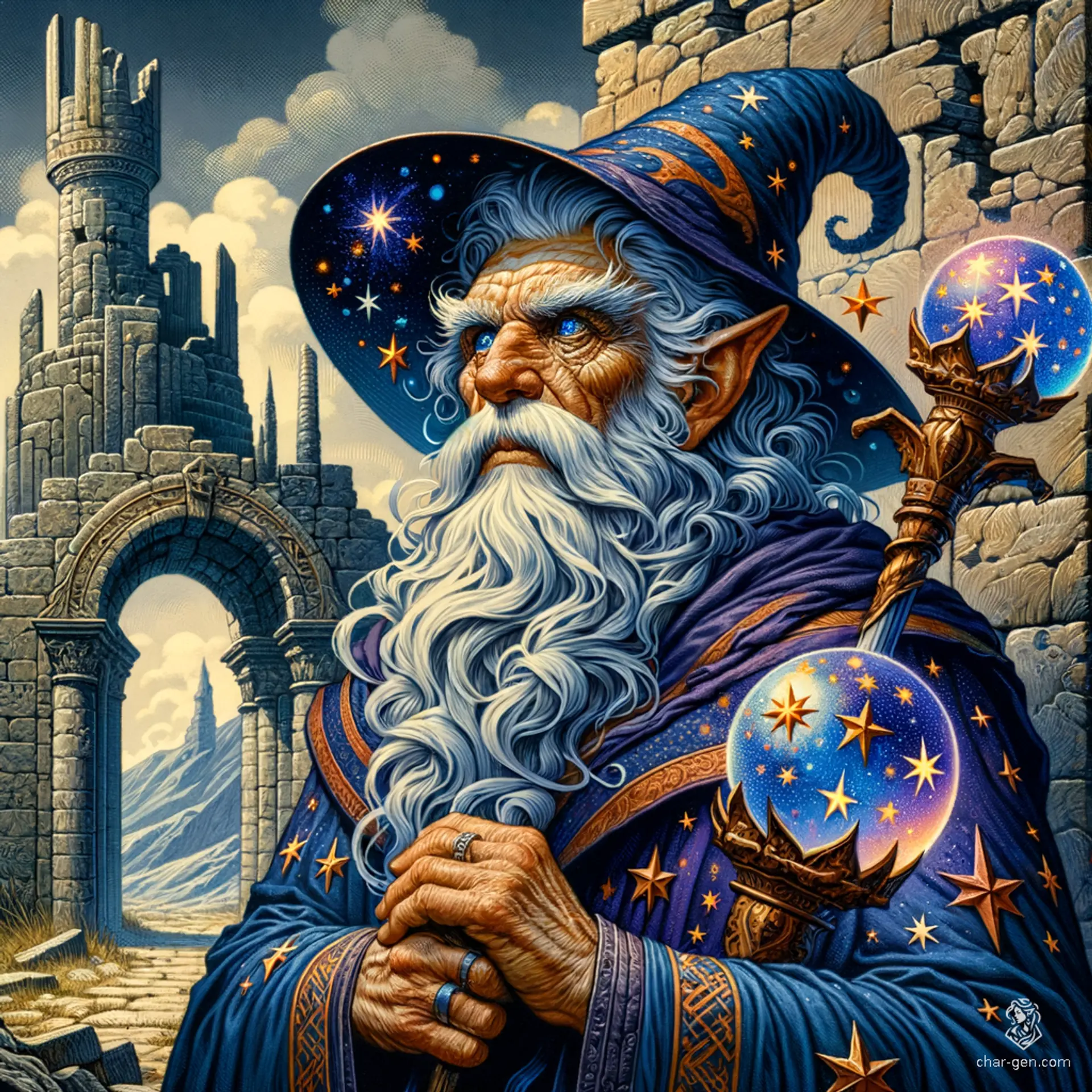 Dram Dustbeard is a wrinkled-skinned, 72-year-old human druid with twinkling blue eyes and smoky gray hair. Wearing an intricately detailed, broad protective shield and a dark blue starry robe, he wields a dagger and staff. Guided by wisdom and curiosity, he hides from past enemies.